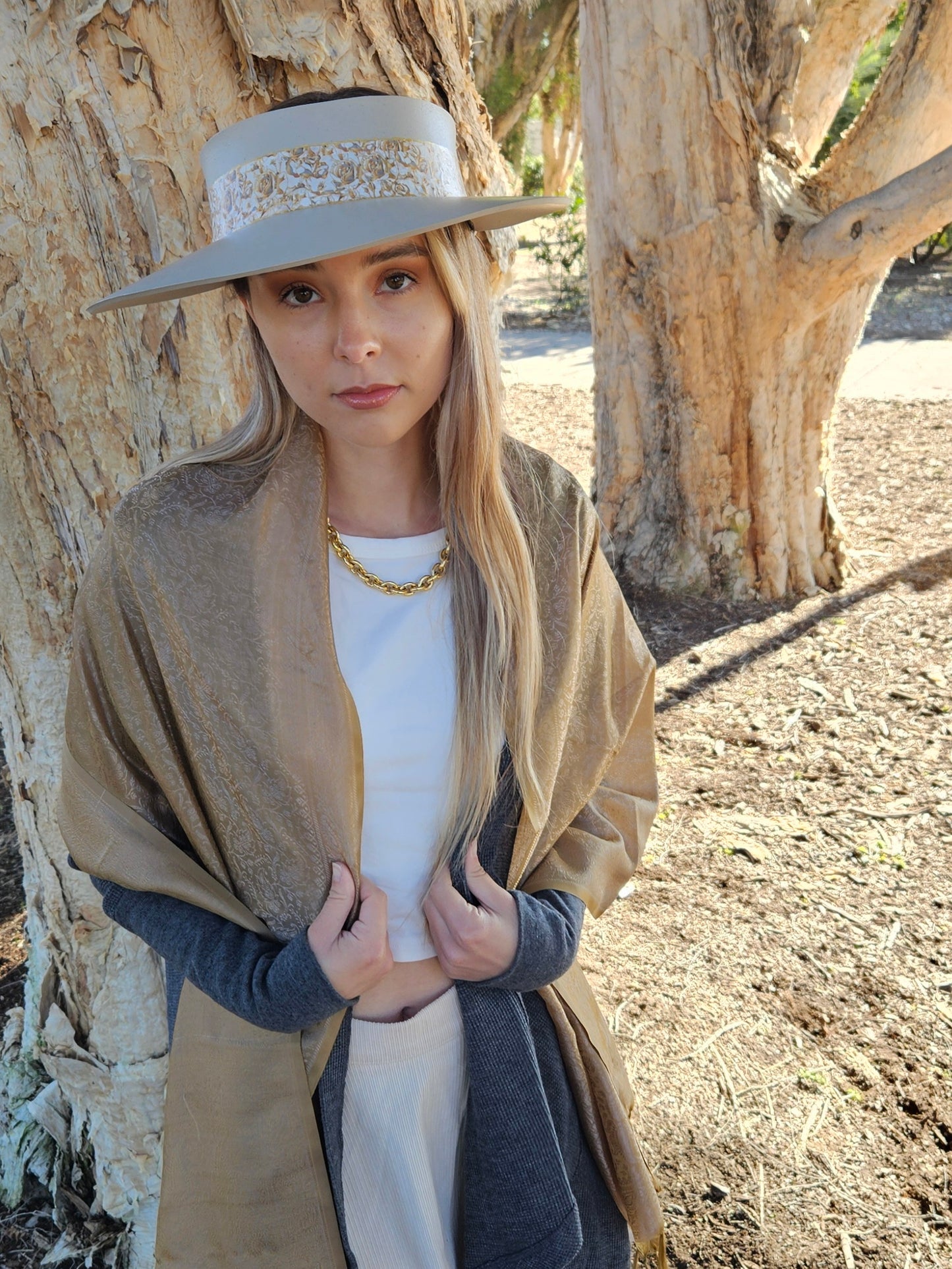 Taupe "LadyEVA" Visor Hat with Golden Floral Band