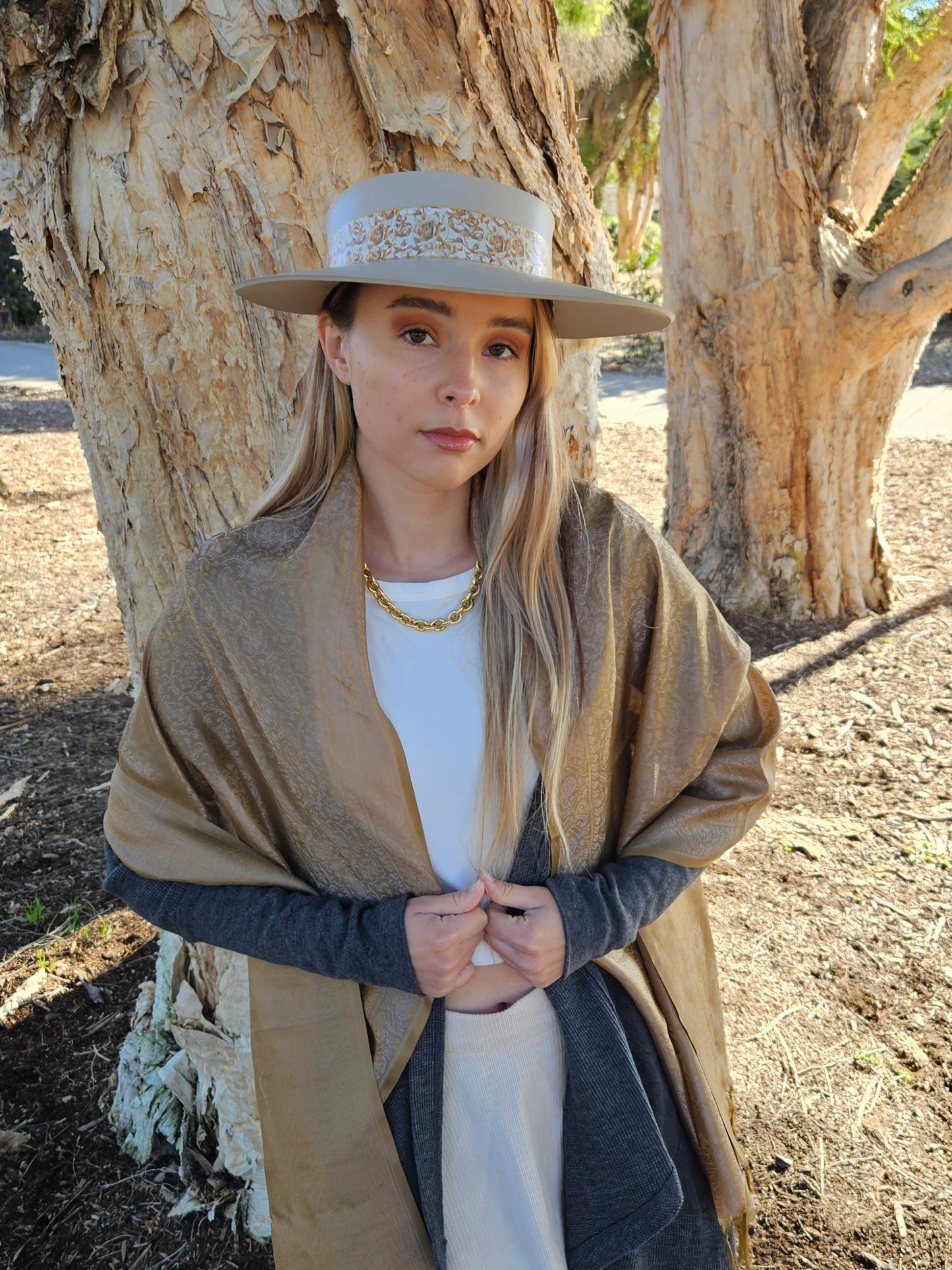 Taupe "LadyEVA" Visor Hat with Golden Floral Band