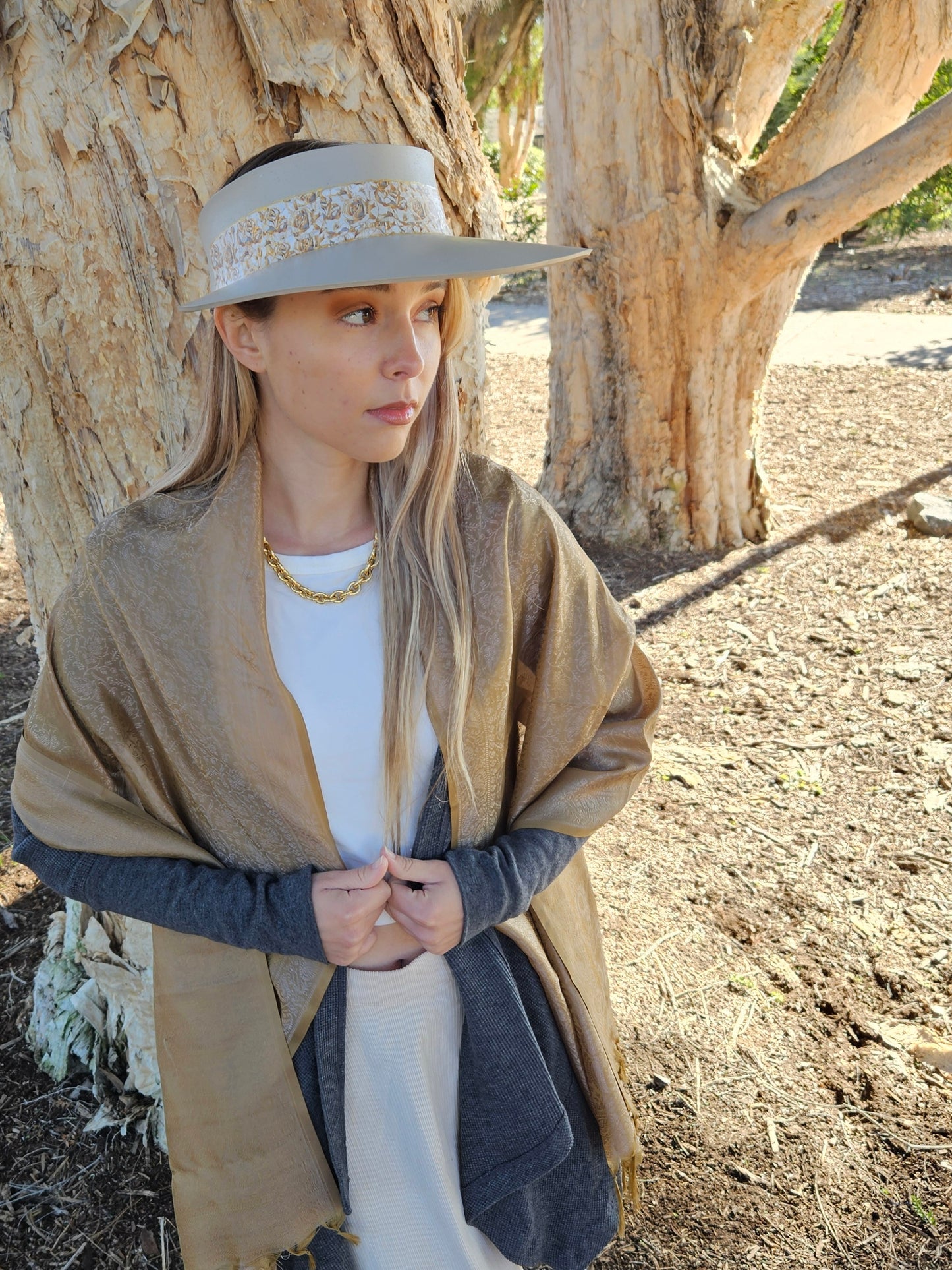 Taupe "LadyEVA" Visor Hat with Golden Floral Band