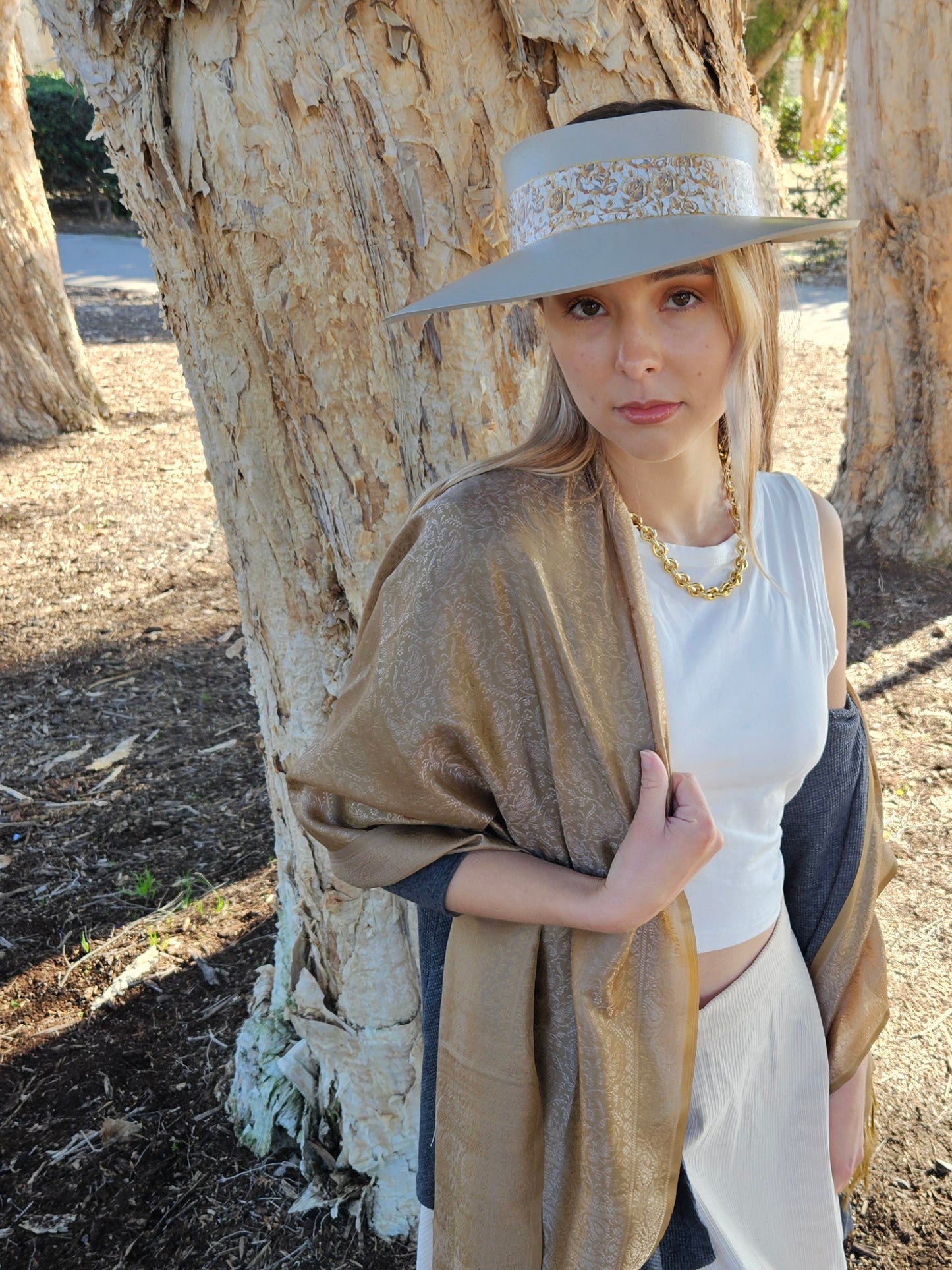 Taupe "LadyEVA" Visor Hat with Golden Floral Band