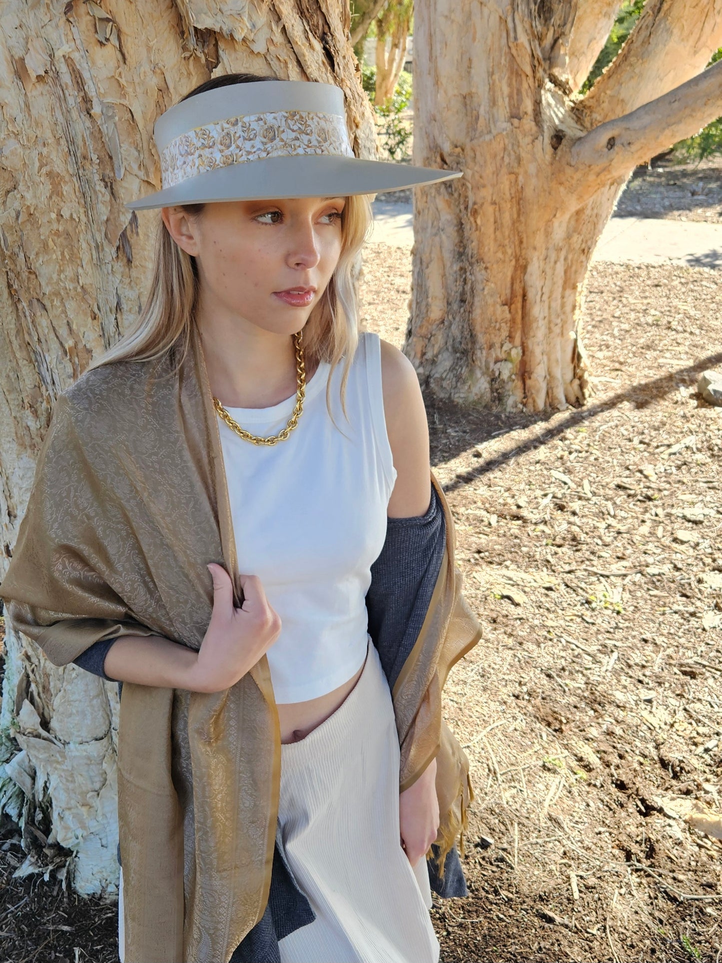 Taupe "LadyEVA" Visor Hat with Golden Floral Band