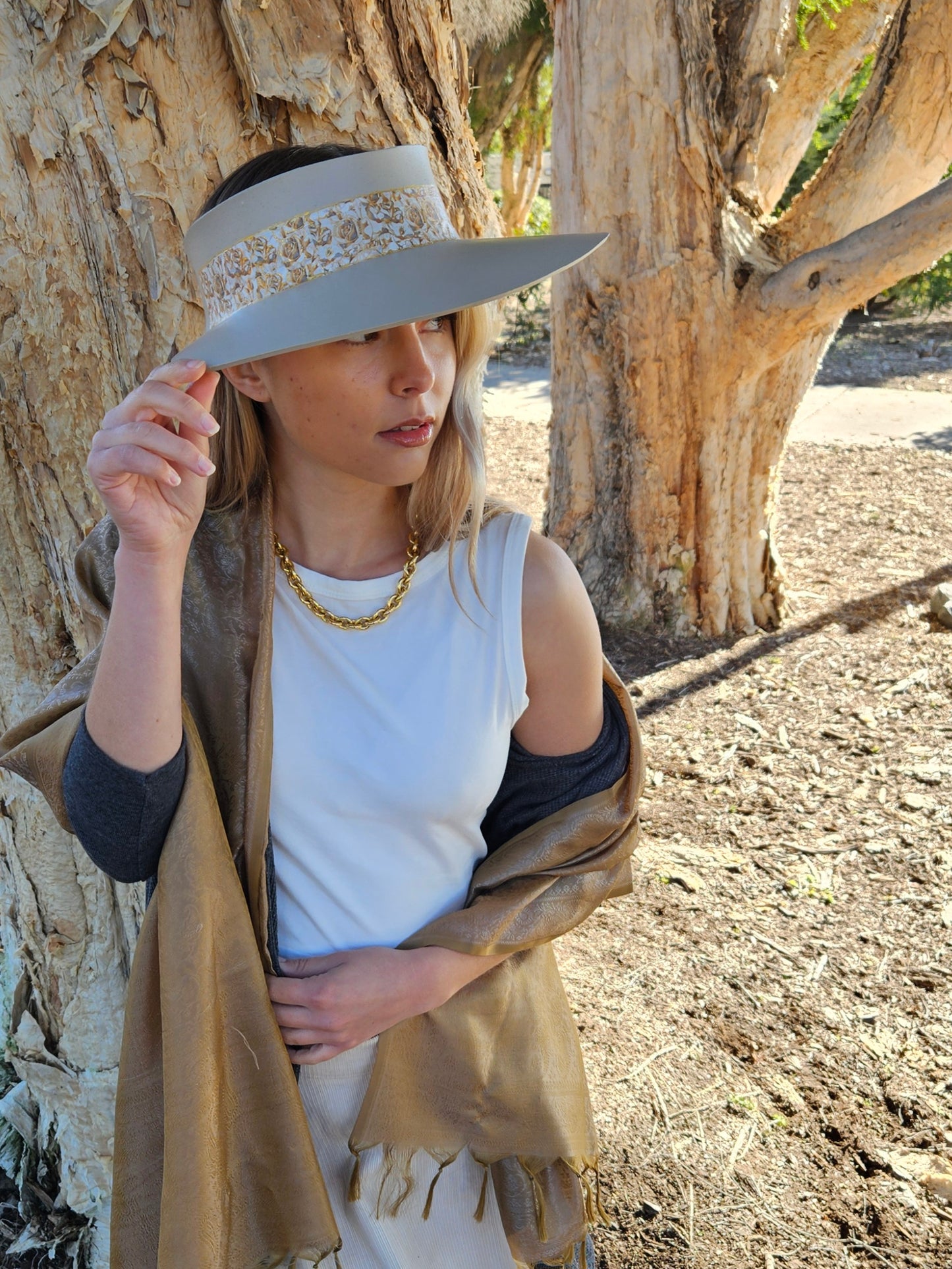 Taupe "LadyEVA" Visor Hat with Golden Floral Band