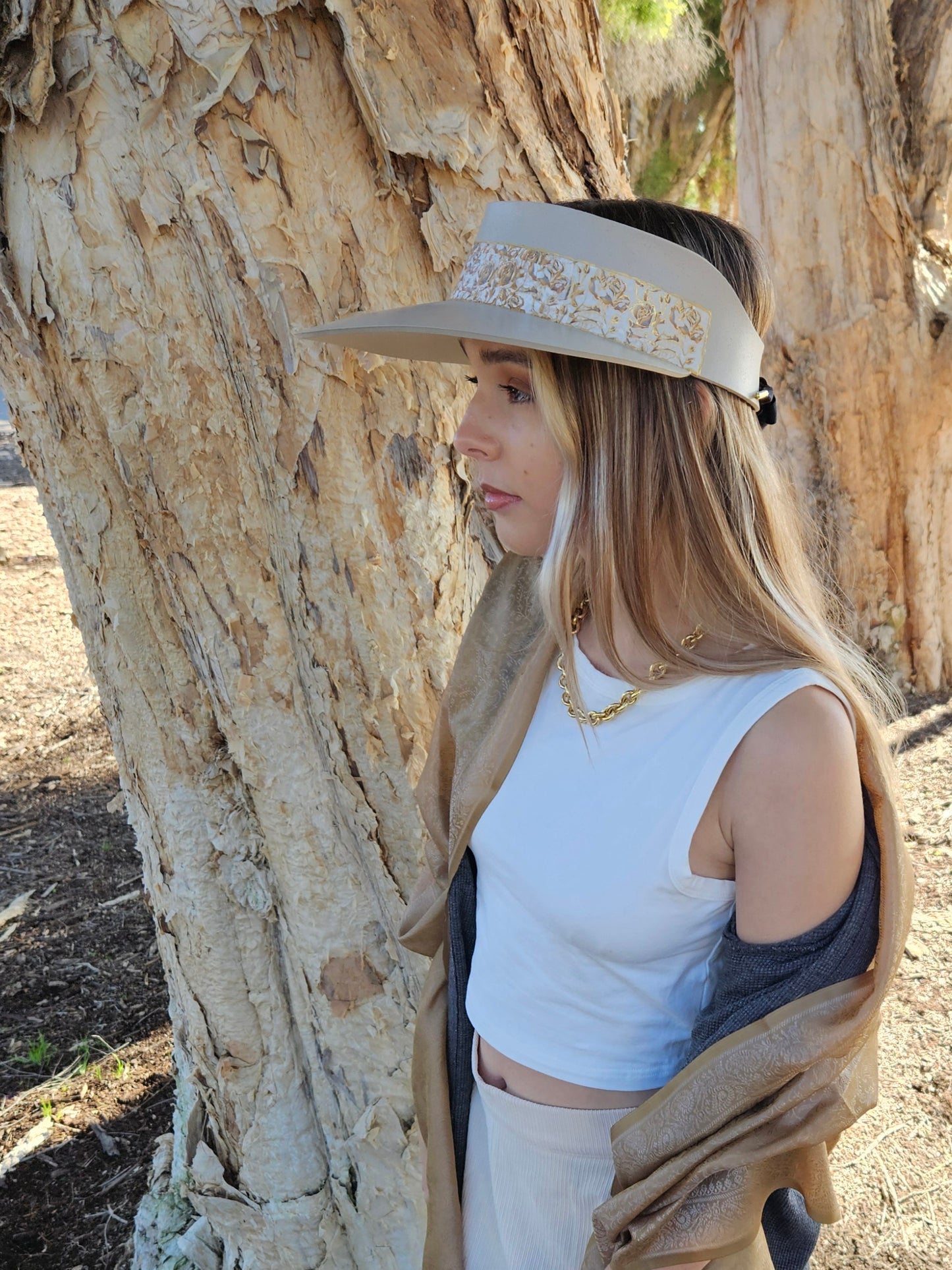 Taupe "LadyEVA" Visor Hat with Golden Floral Band
