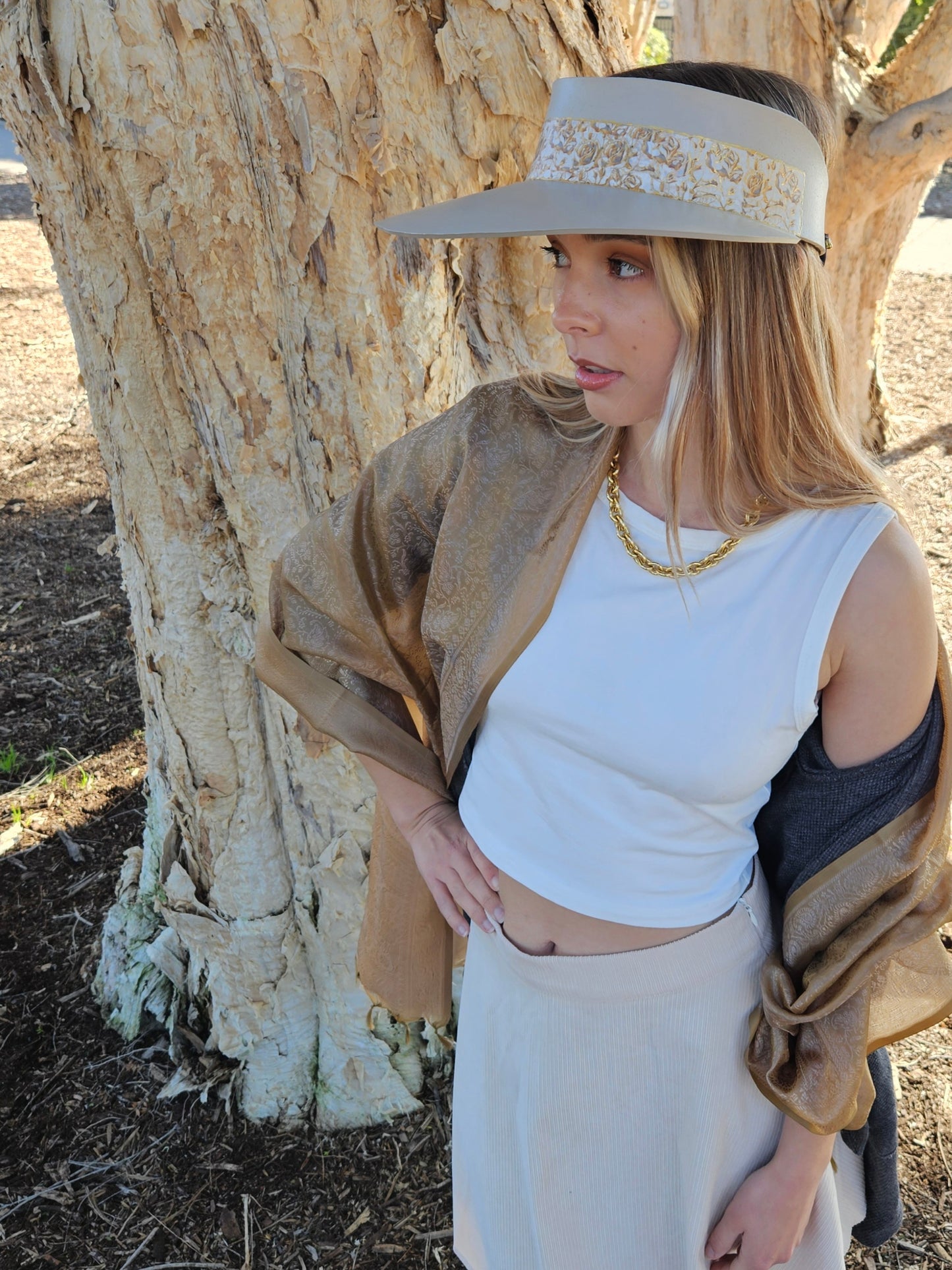 Taupe "LadyEVA" Visor Hat with Golden Floral Band