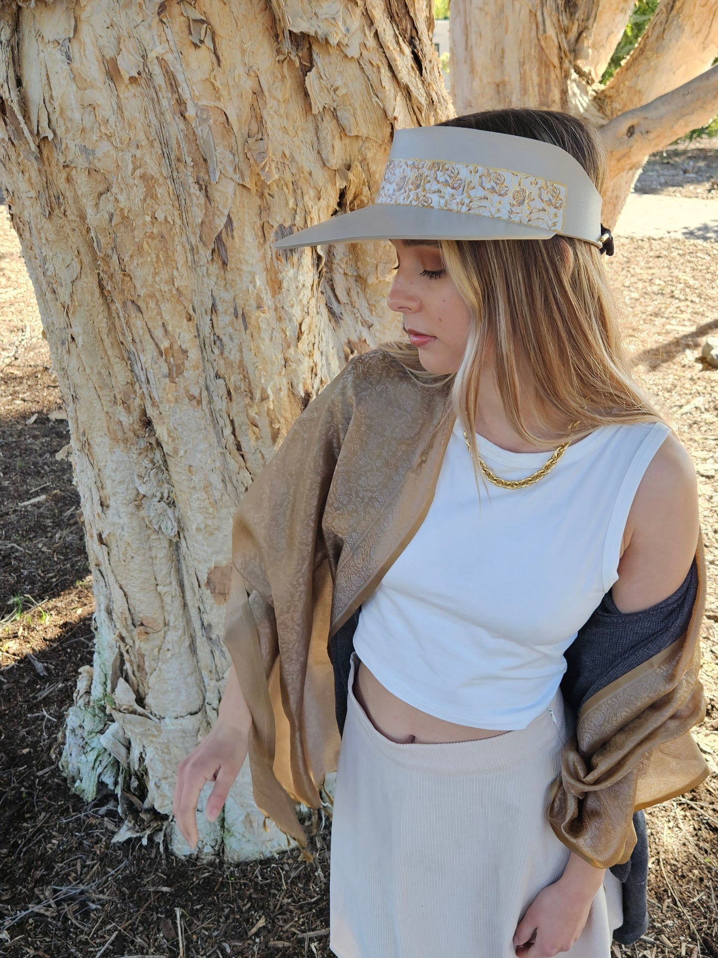 Taupe "LadyEVA" Visor Hat with Golden Floral Band