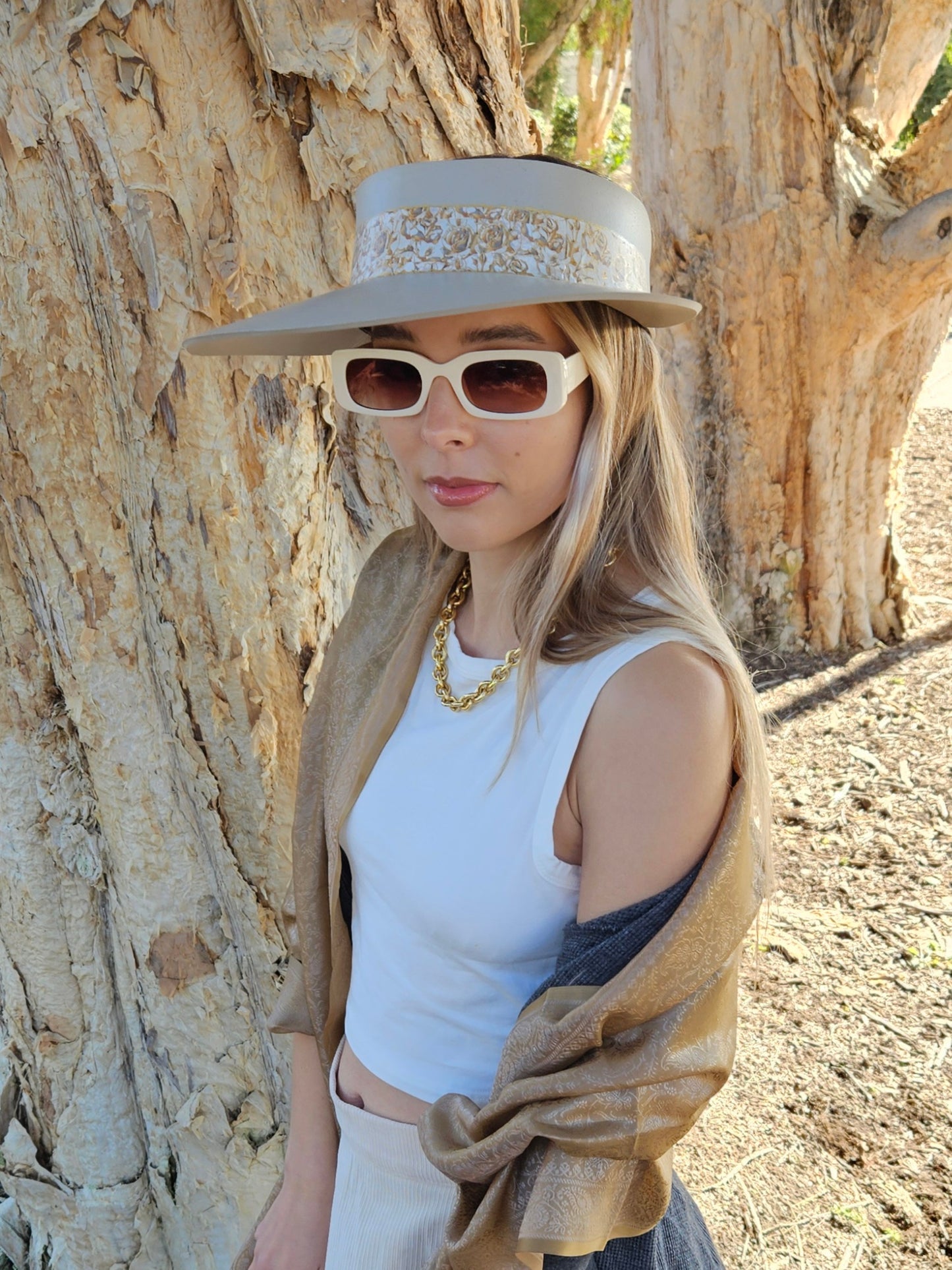 Taupe "LadyEVA" Visor Hat with Golden Floral Band