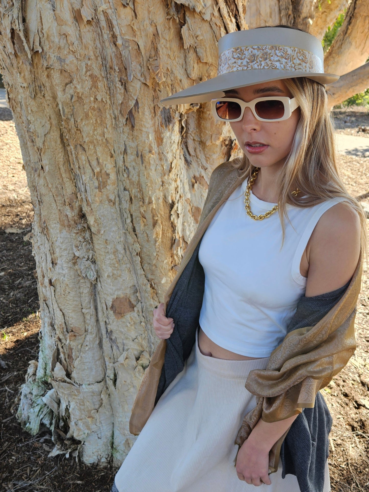 Taupe "LadyEVA" Visor Hat with Golden Floral Band