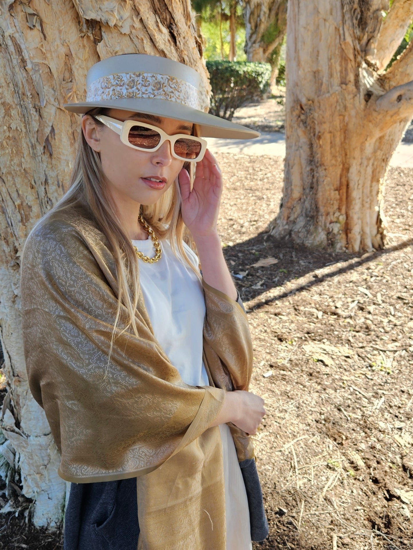 Taupe "LadyEVA" Visor Hat with Golden Floral Band
