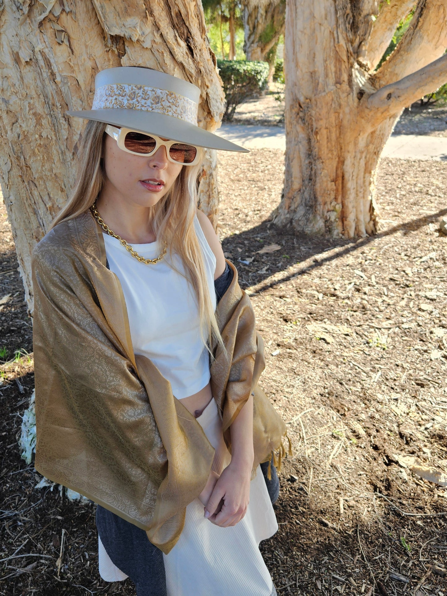 Taupe "LadyEVA" Visor Hat with Golden Floral Band