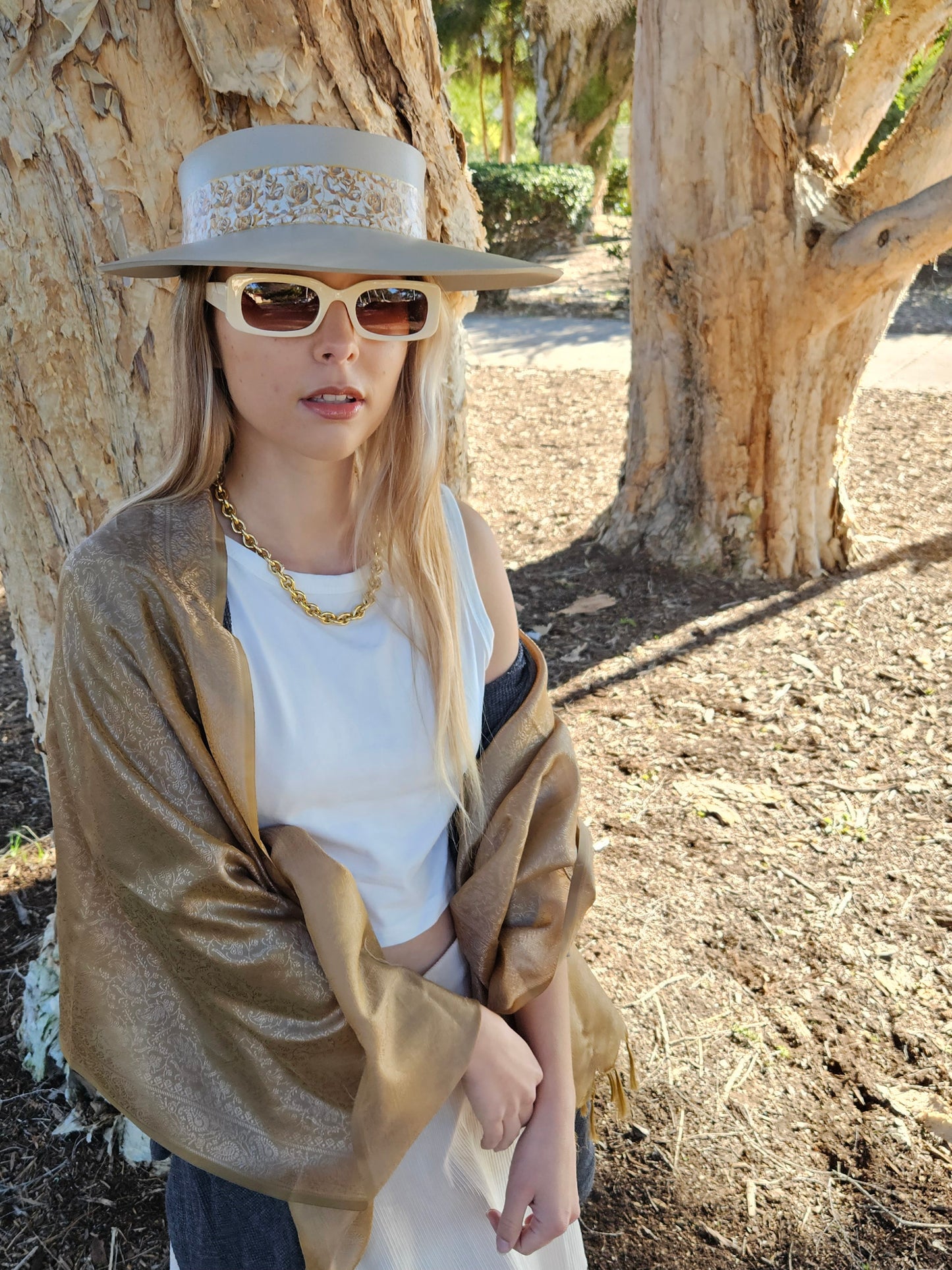 Taupe "LadyEVA" Visor Hat with Golden Floral Band