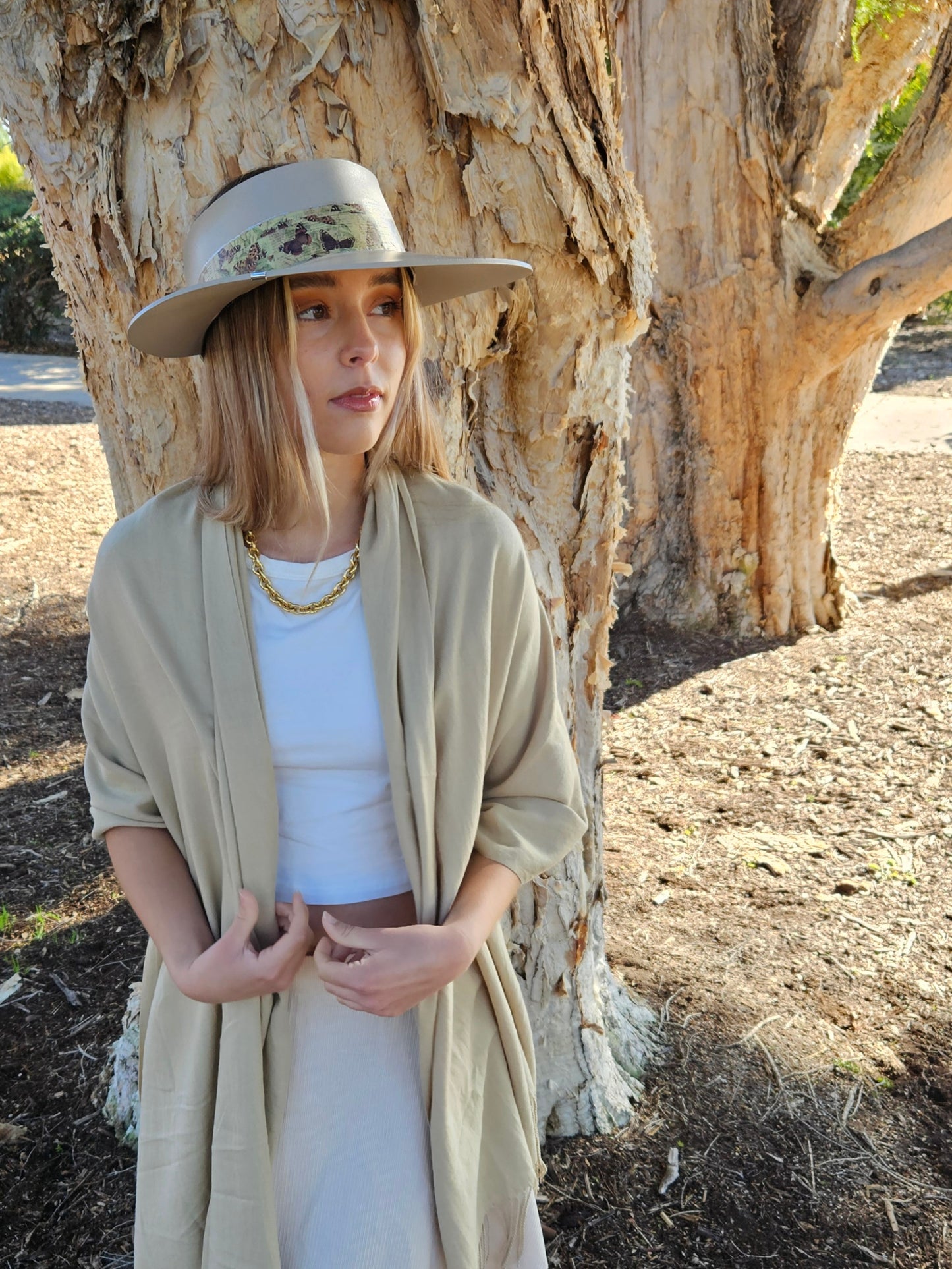 Tall Taupe "LadyEVA" Visor Hat with Neutral Butterfly Band and Silver Accent