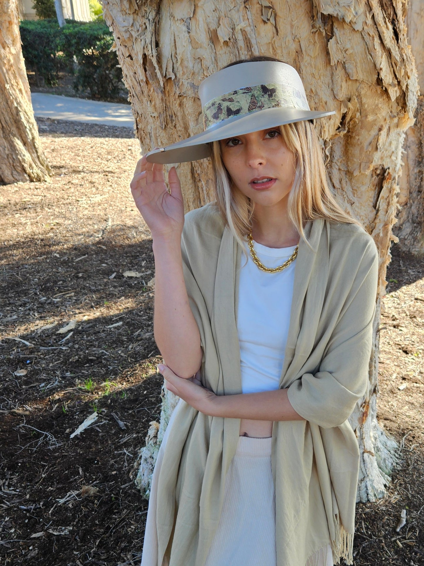 Tall Taupe "LadyEVA" Visor Hat with Neutral Butterfly Band and Silver Accent