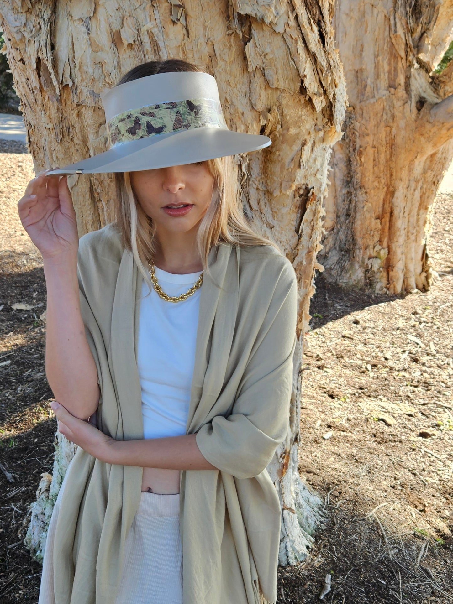 Tall Taupe "LadyEVA" Visor Hat with Neutral Butterfly Band and Silver Accent