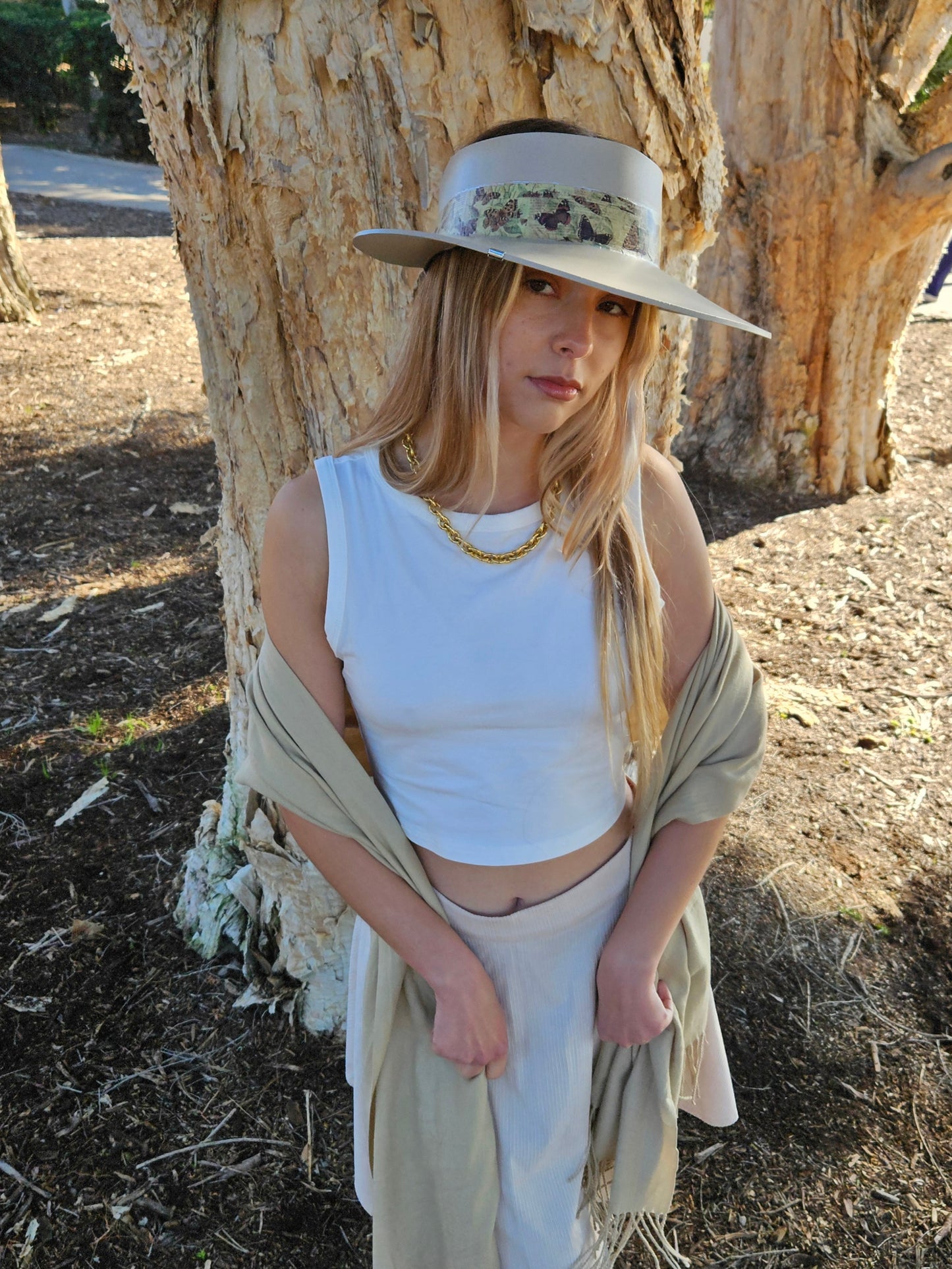 Tall Taupe "LadyEVA" Visor Hat with Neutral Butterfly Band and Silver Accent