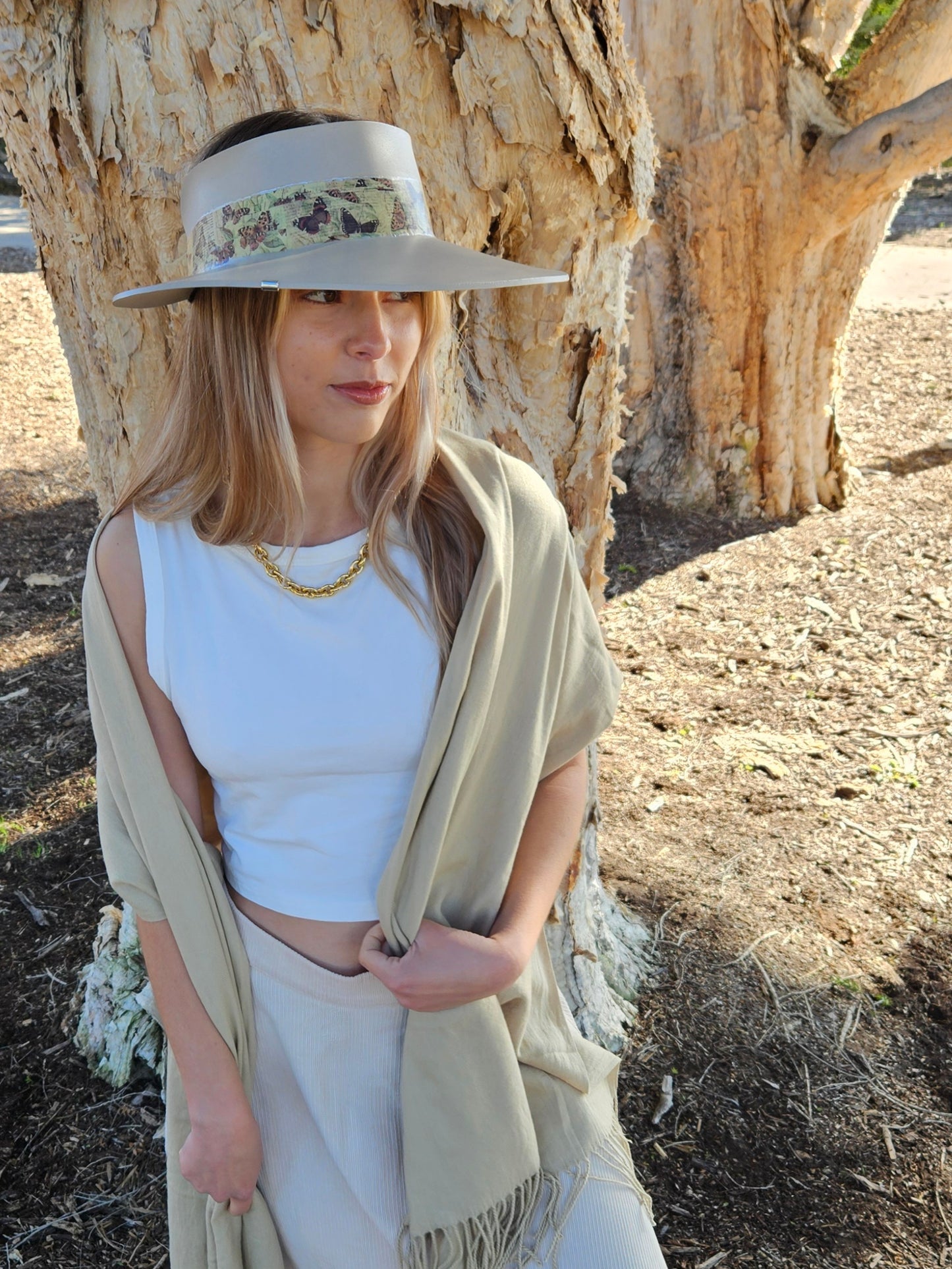 Tall Taupe "LadyEVA" Visor Hat with Neutral Butterfly Band and Silver Accent