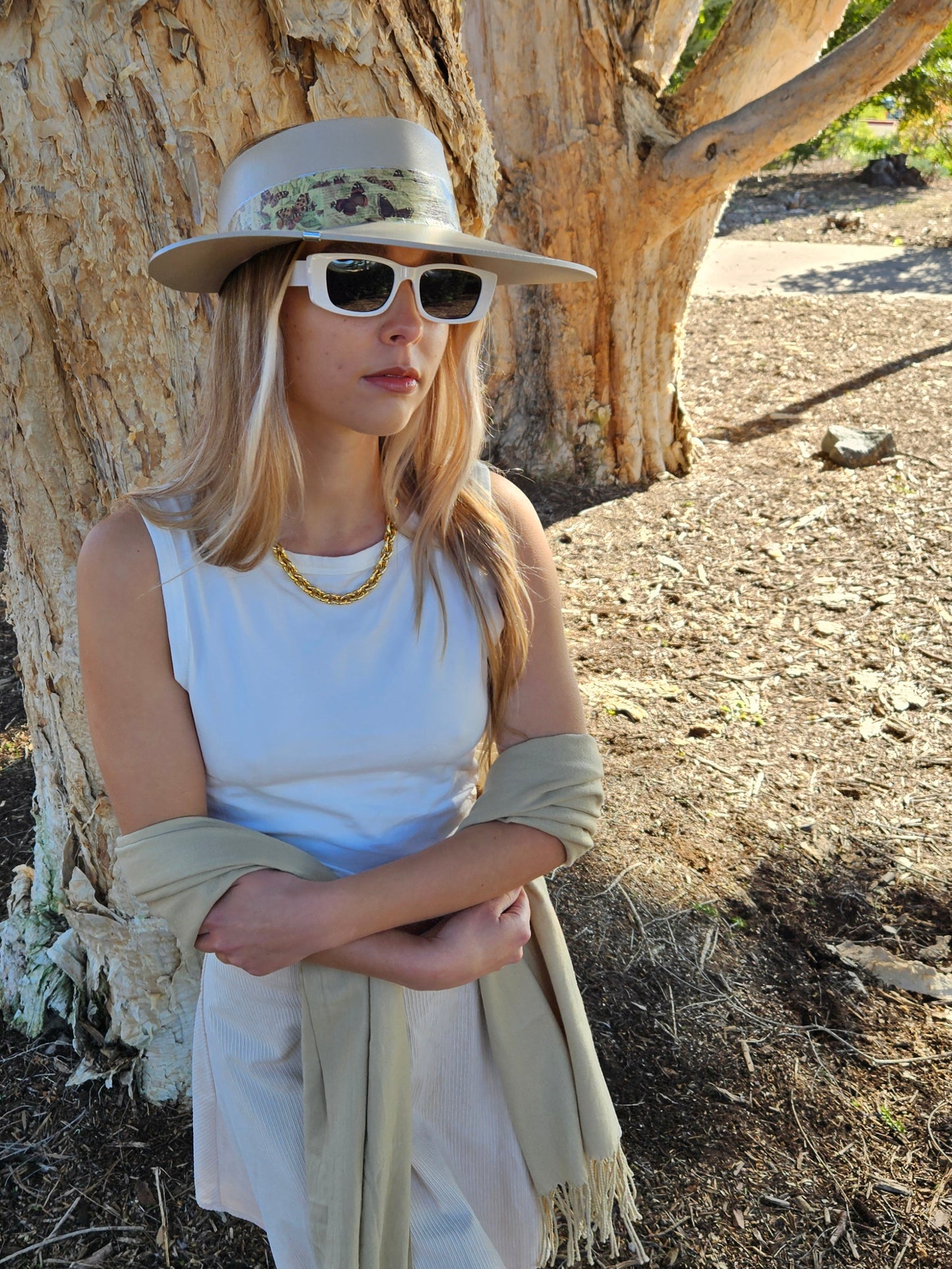 Tall Taupe "LadyEVA" Visor Hat with Neutral Butterfly Band and Silver Accent