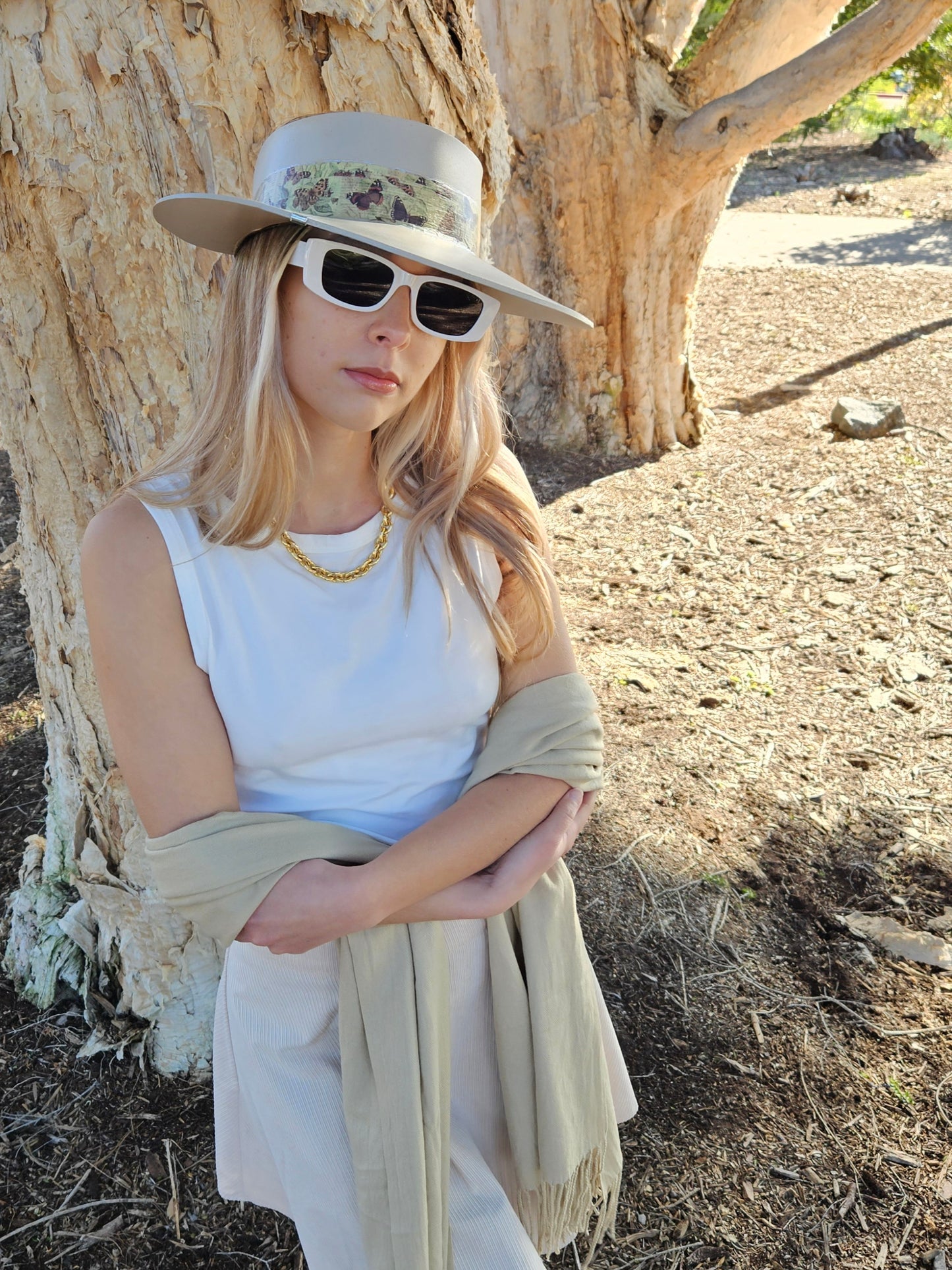 Tall Taupe "LadyEVA" Visor Hat with Neutral Butterfly Band and Silver Accent
