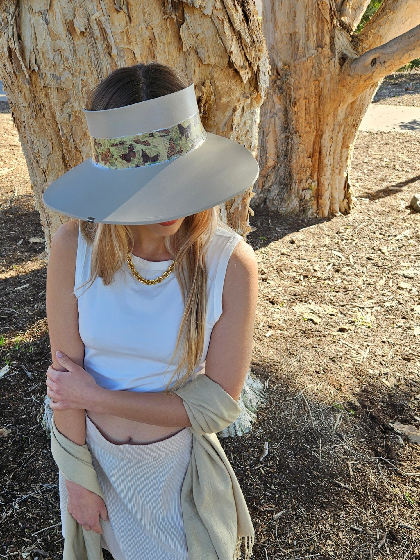 Tall Taupe "LadyEVA" Visor Hat with Neutral Butterfly Band and Silver Accent