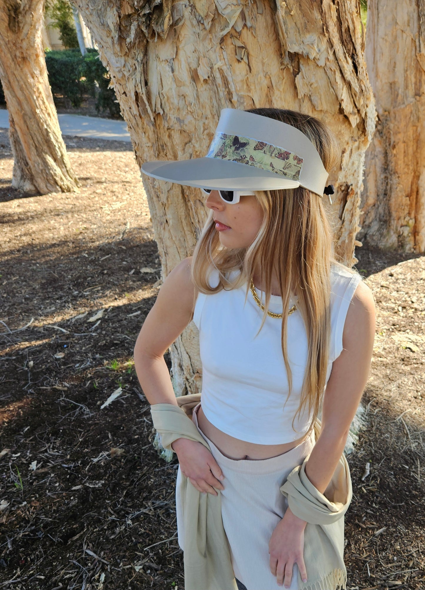 Tall Taupe "LadyEVA" Visor Hat with Neutral Butterfly Band and Silver Accent