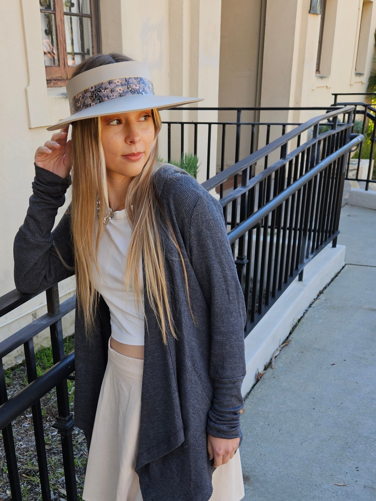 Taupe "LadyEVA" Visor Hat with Elegant Light Pink and Lavender Floral Band