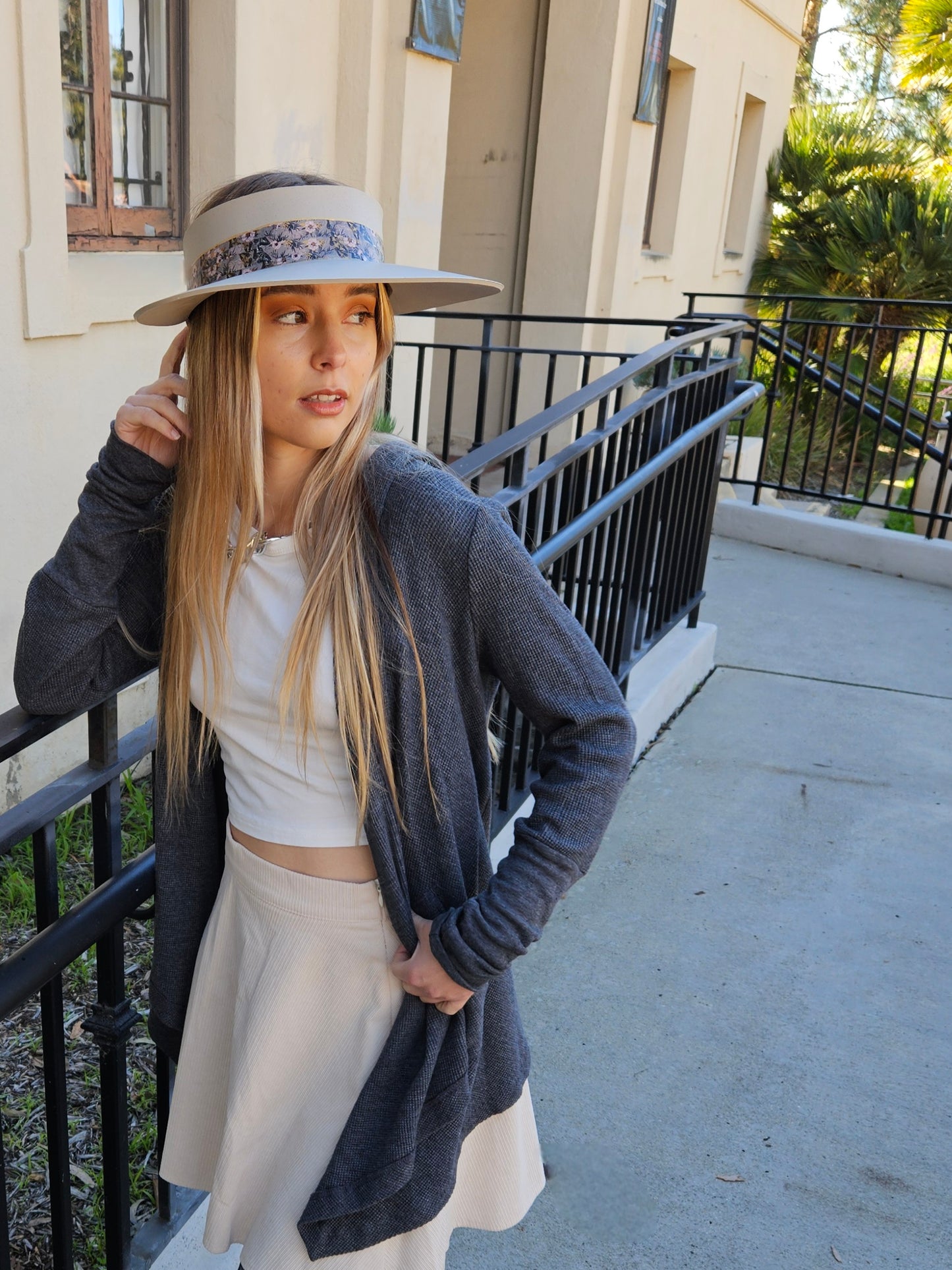 Taupe "LadyEVA" Visor Hat with Elegant Light Pink and Lavender Floral Band