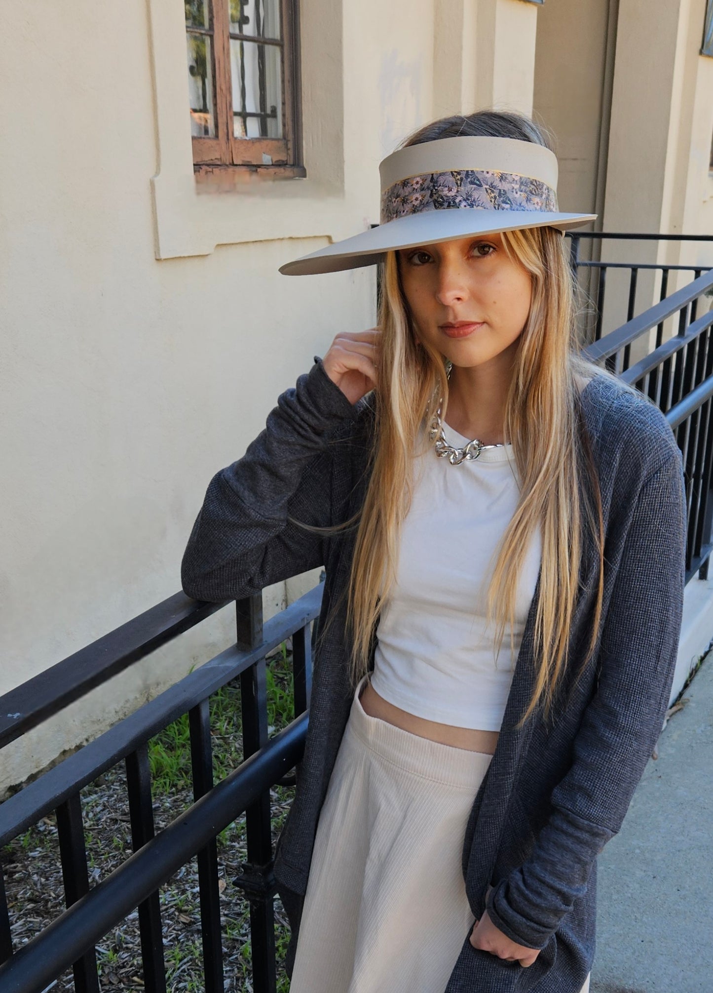 Taupe "LadyEVA" Visor Hat with Elegant Light Pink and Lavender Floral Band