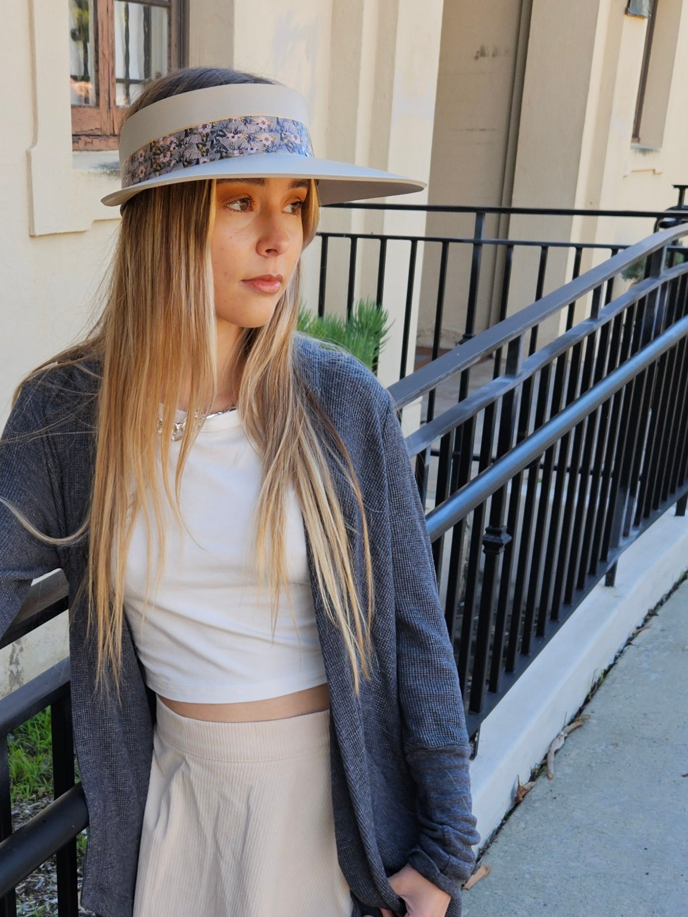 Taupe "LadyEVA" Visor Hat with Elegant Light Pink and Lavender Floral Band