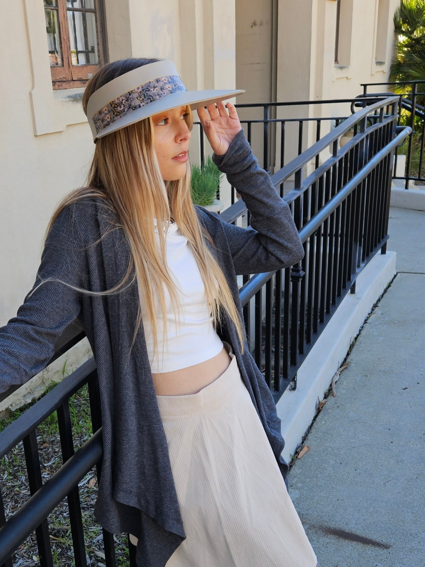 Taupe "LadyEVA" Visor Hat with Elegant Light Pink and Lavender Floral Band