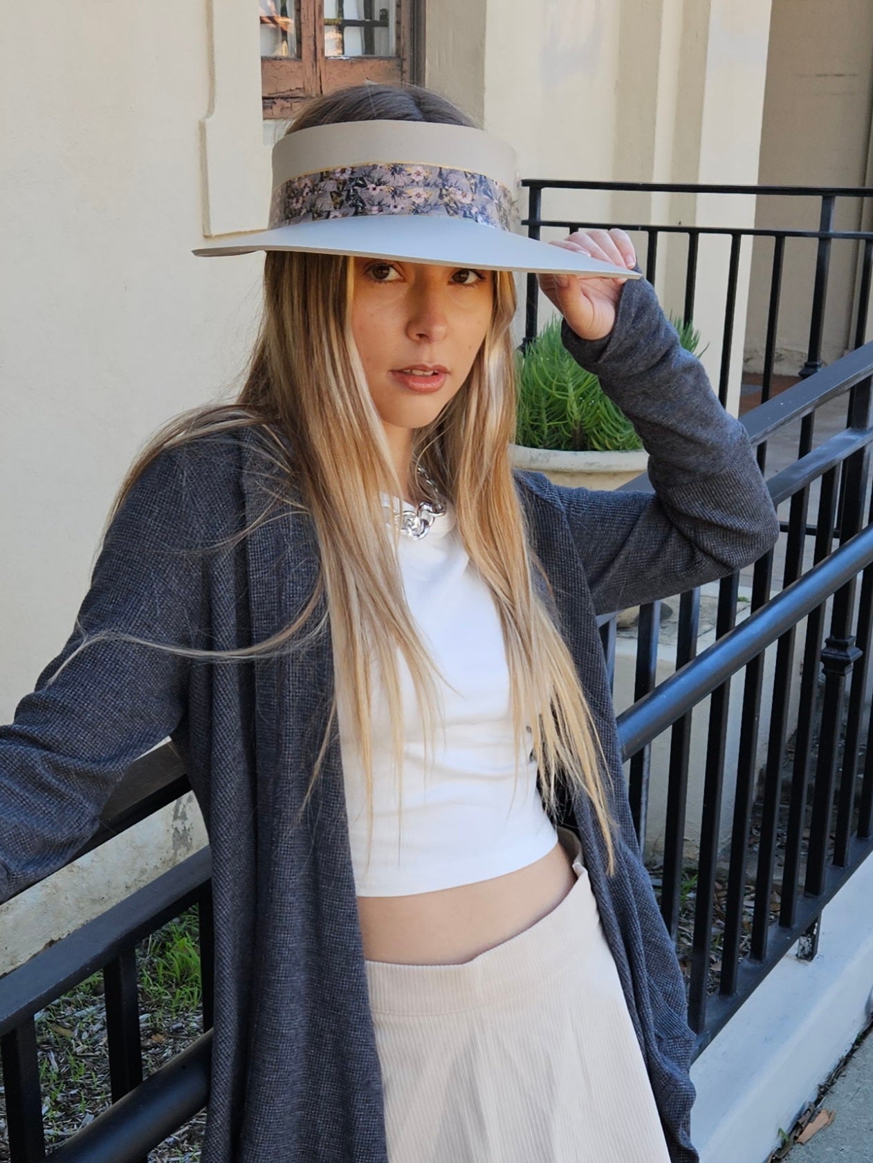 Taupe "LadyEVA" Visor Hat with Elegant Light Pink and Lavender Floral Band