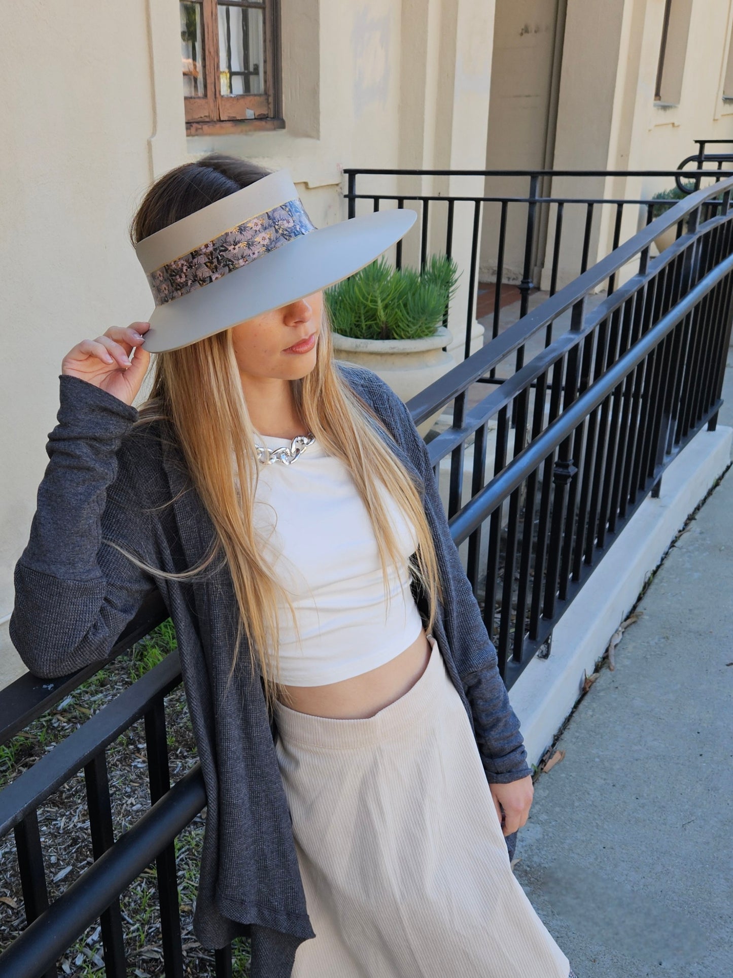Taupe "LadyEVA" Visor Hat with Elegant Light Pink and Lavender Floral Band