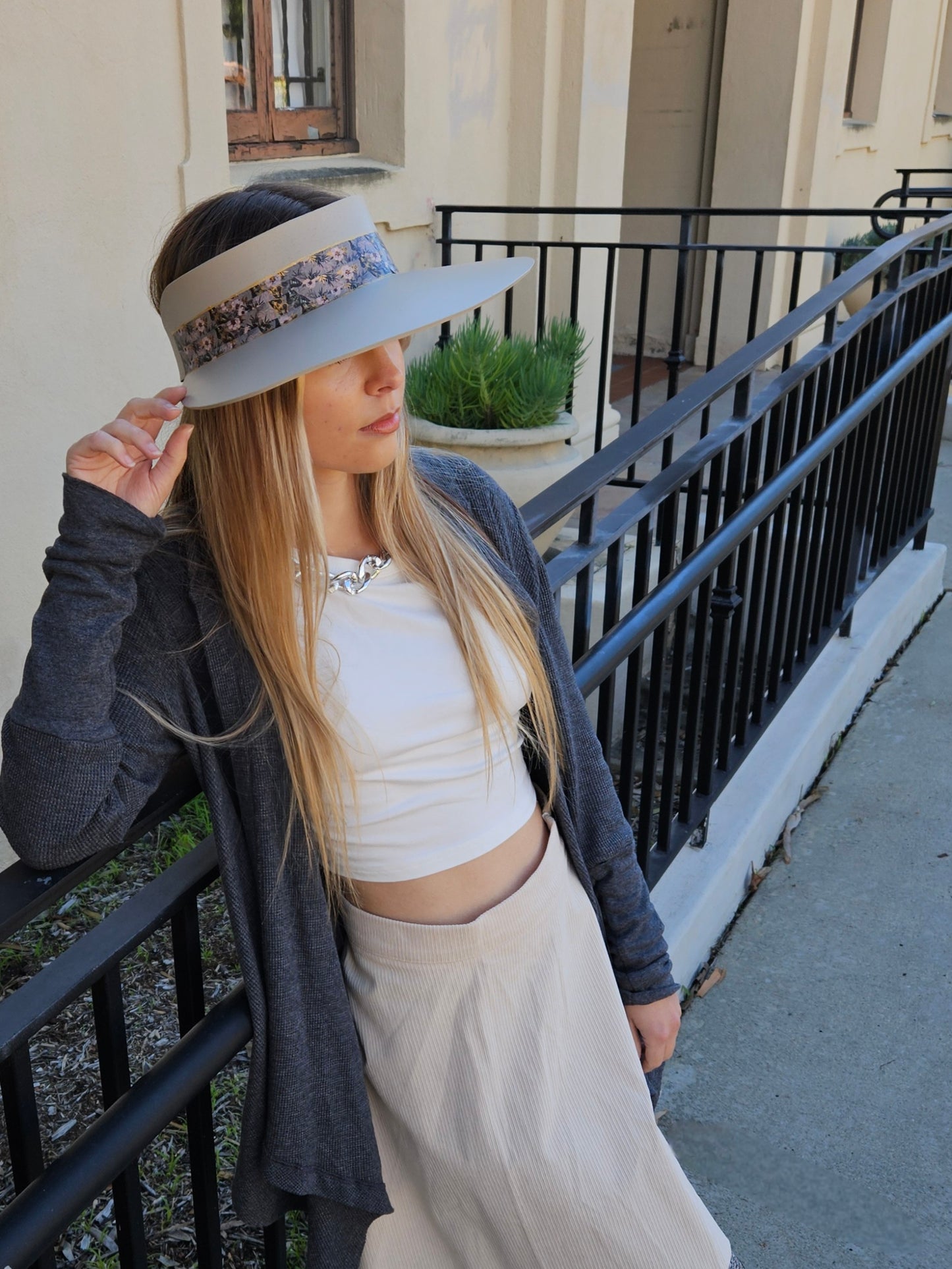 Taupe "LadyEVA" Visor Hat with Elegant Light Pink and Lavender Floral Band