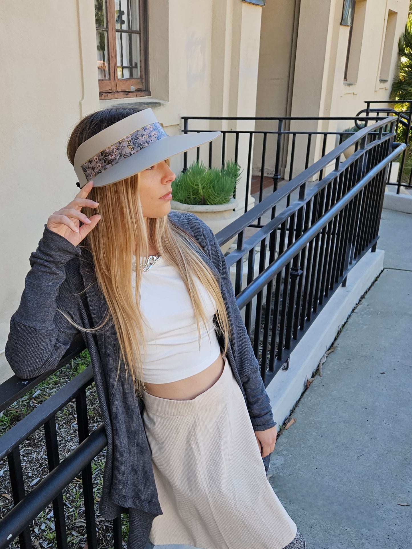 Taupe "LadyEVA" Visor Hat with Elegant Light Pink and Lavender Floral Band