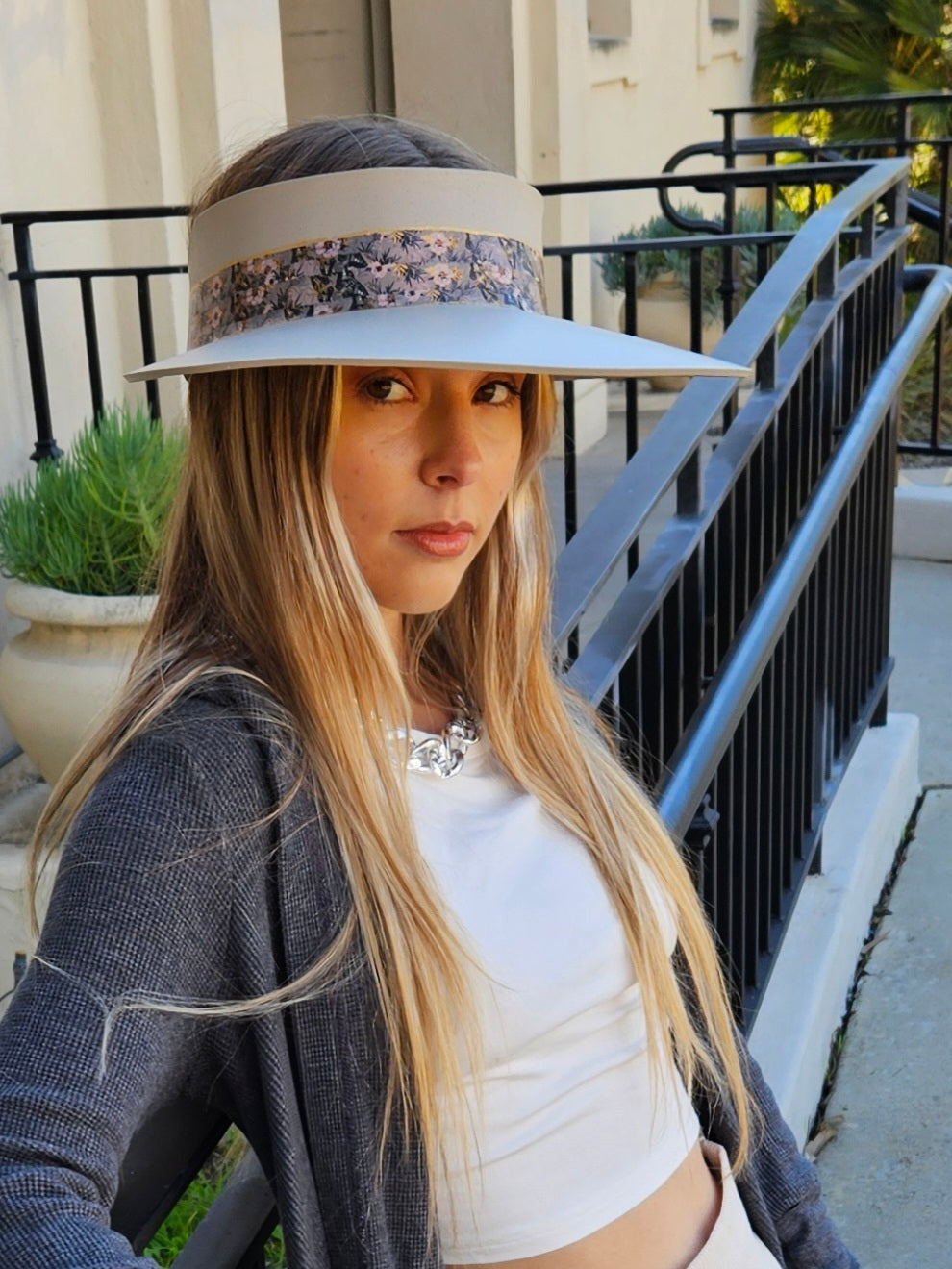Taupe "LadyEVA" Visor Hat with Elegant Light Pink and Lavender Floral Band