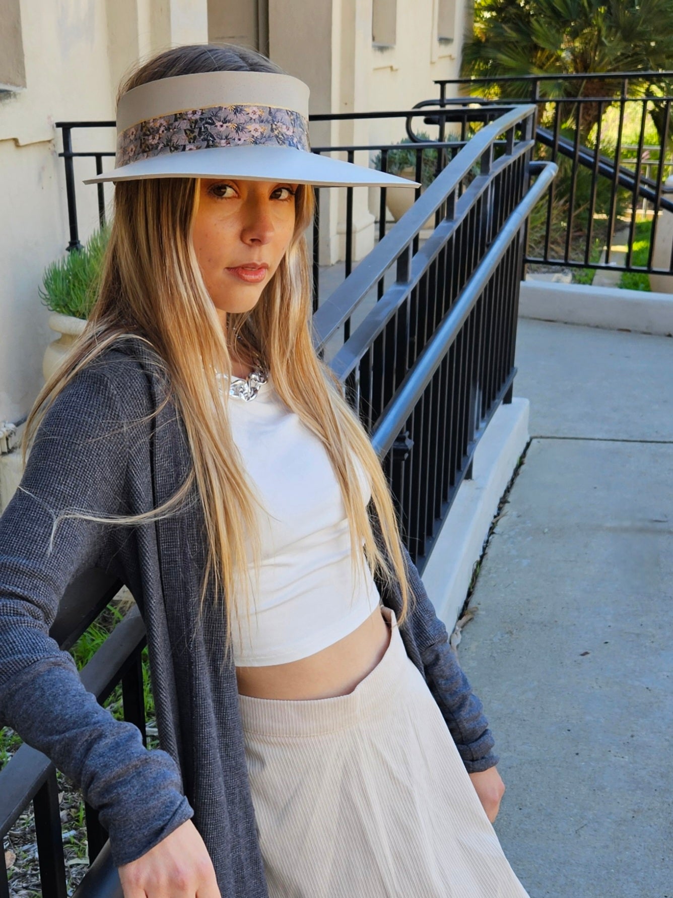 Taupe "LadyEVA" Visor Hat with Elegant Light Pink and Lavender Floral Band