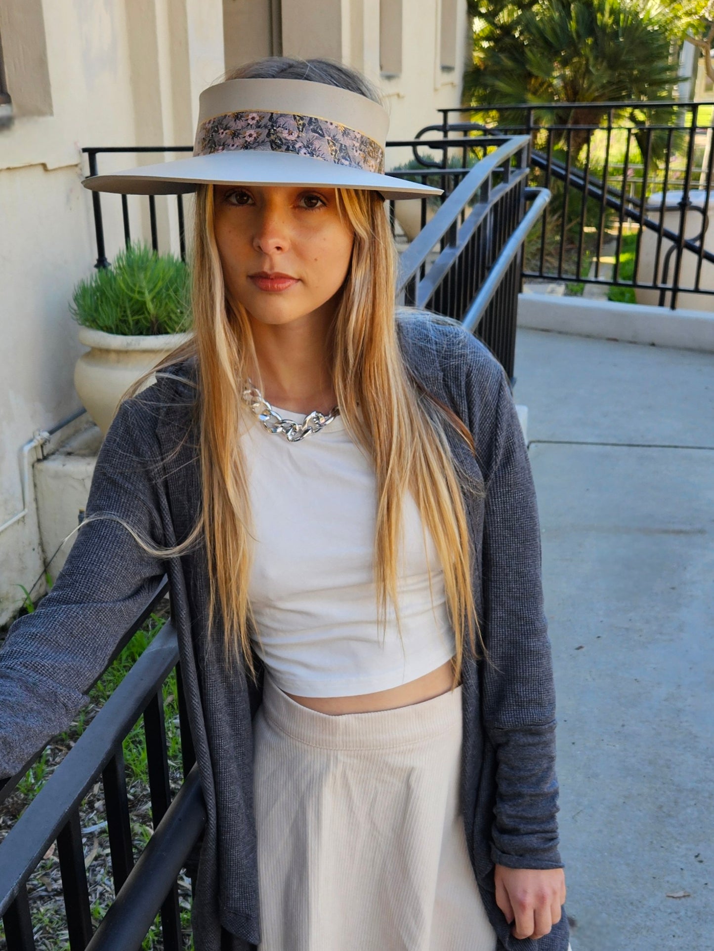 Taupe "LadyEVA" Visor Hat with Elegant Light Pink and Lavender Floral Band