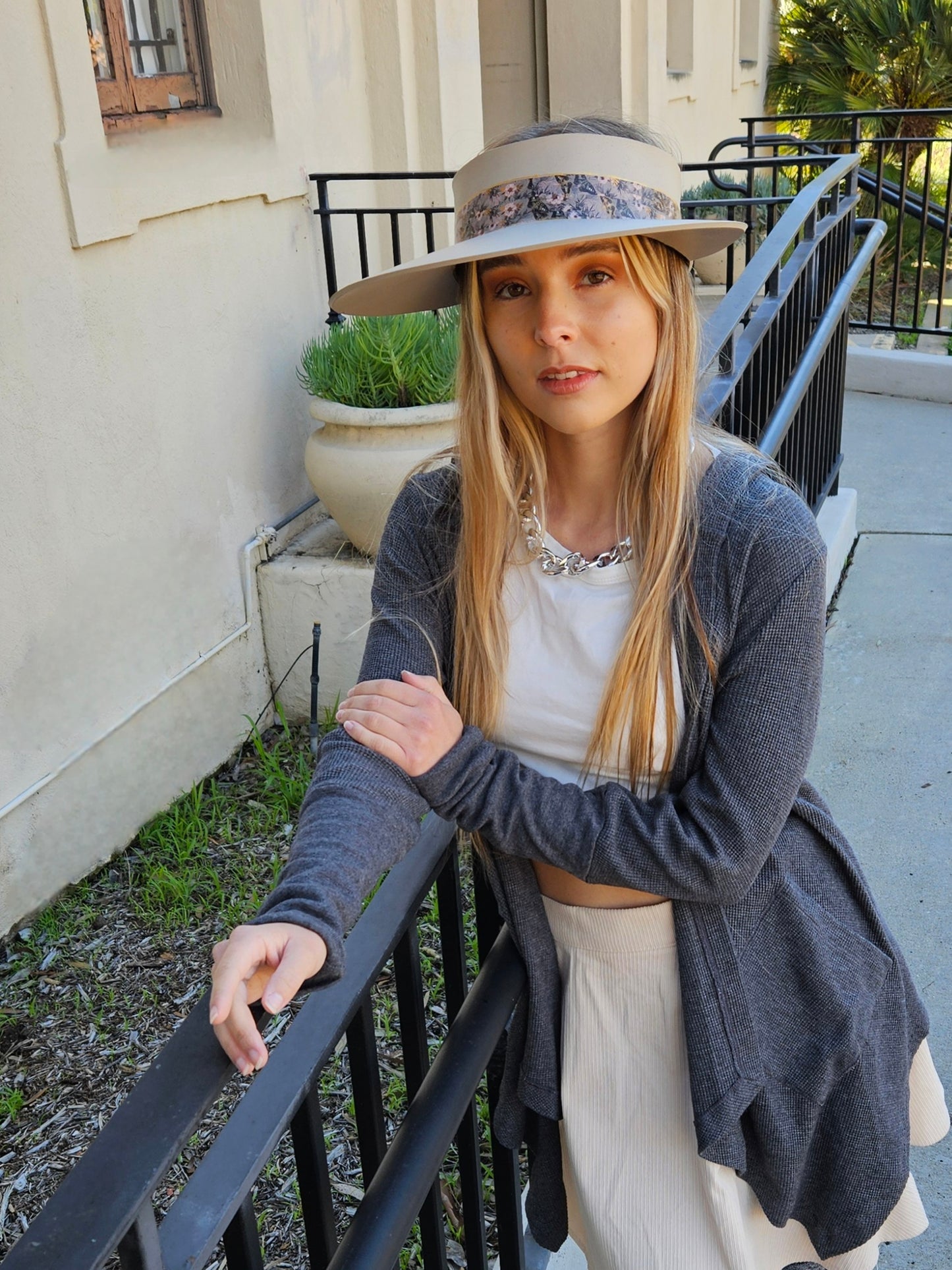 Taupe "LadyEVA" Visor Hat with Elegant Light Pink and Lavender Floral Band