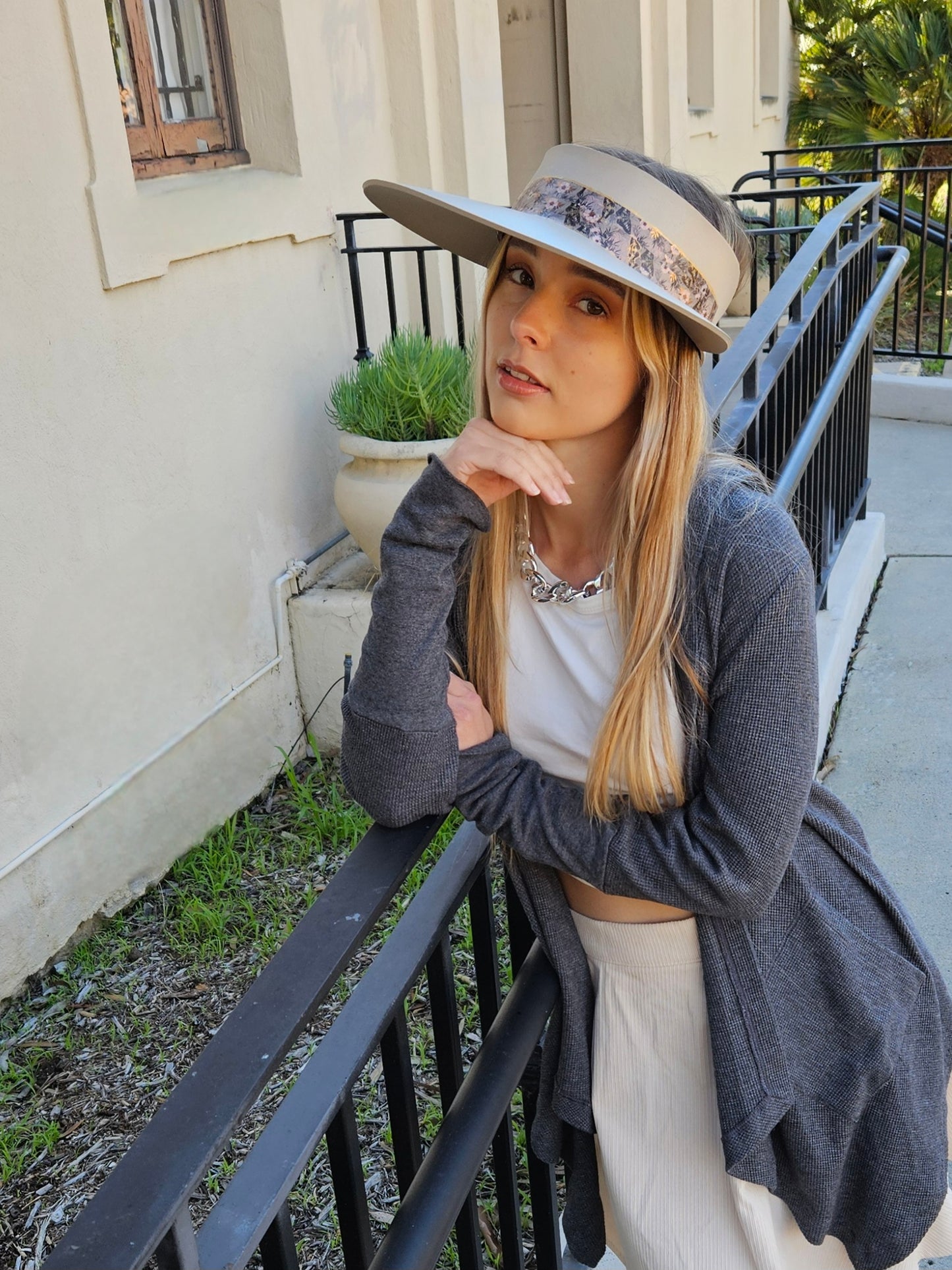 Taupe "LadyEVA" Visor Hat with Elegant Light Pink and Lavender Floral Band