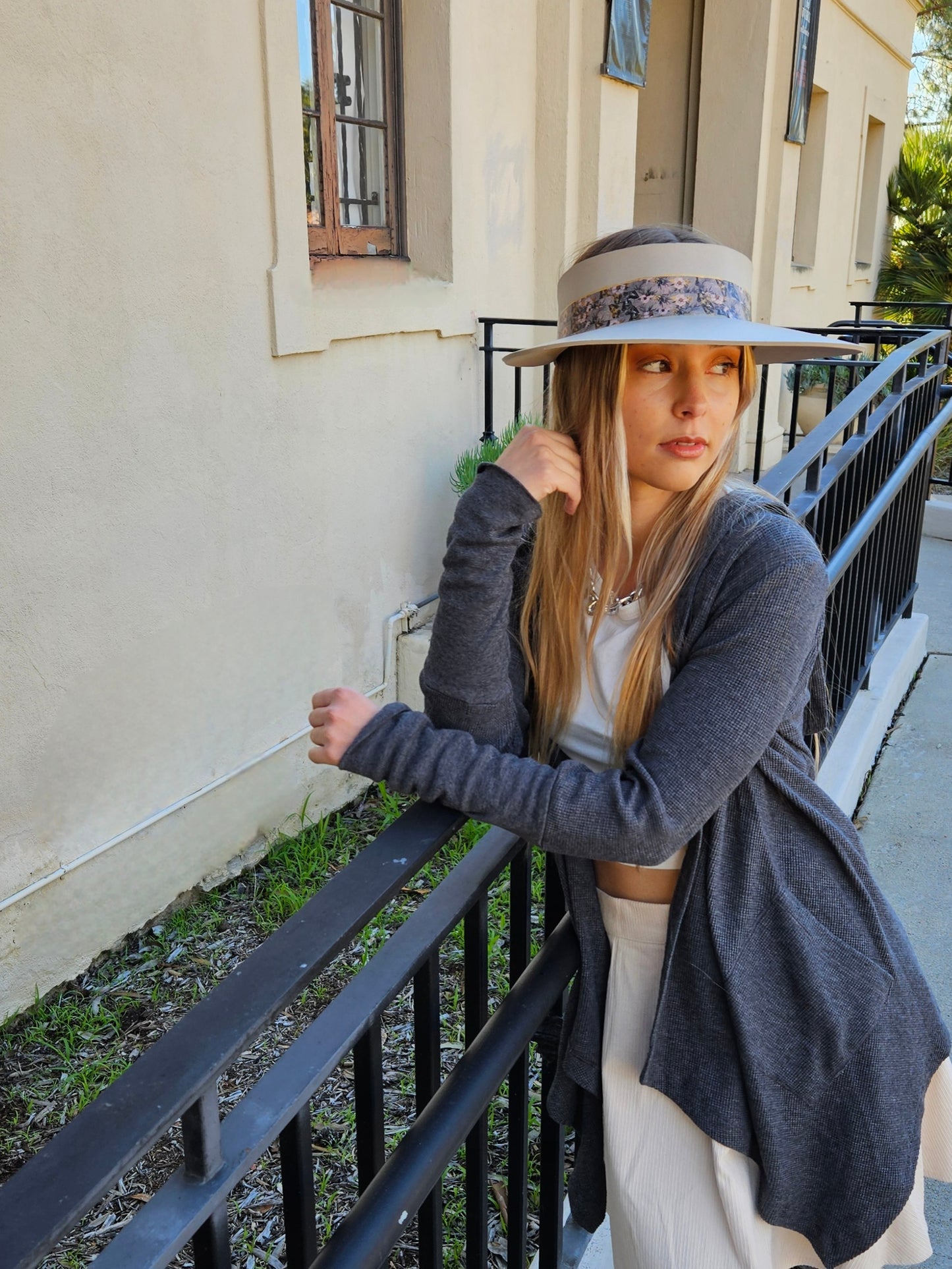 Taupe "LadyEVA" Visor Hat with Elegant Light Pink and Lavender Floral Band