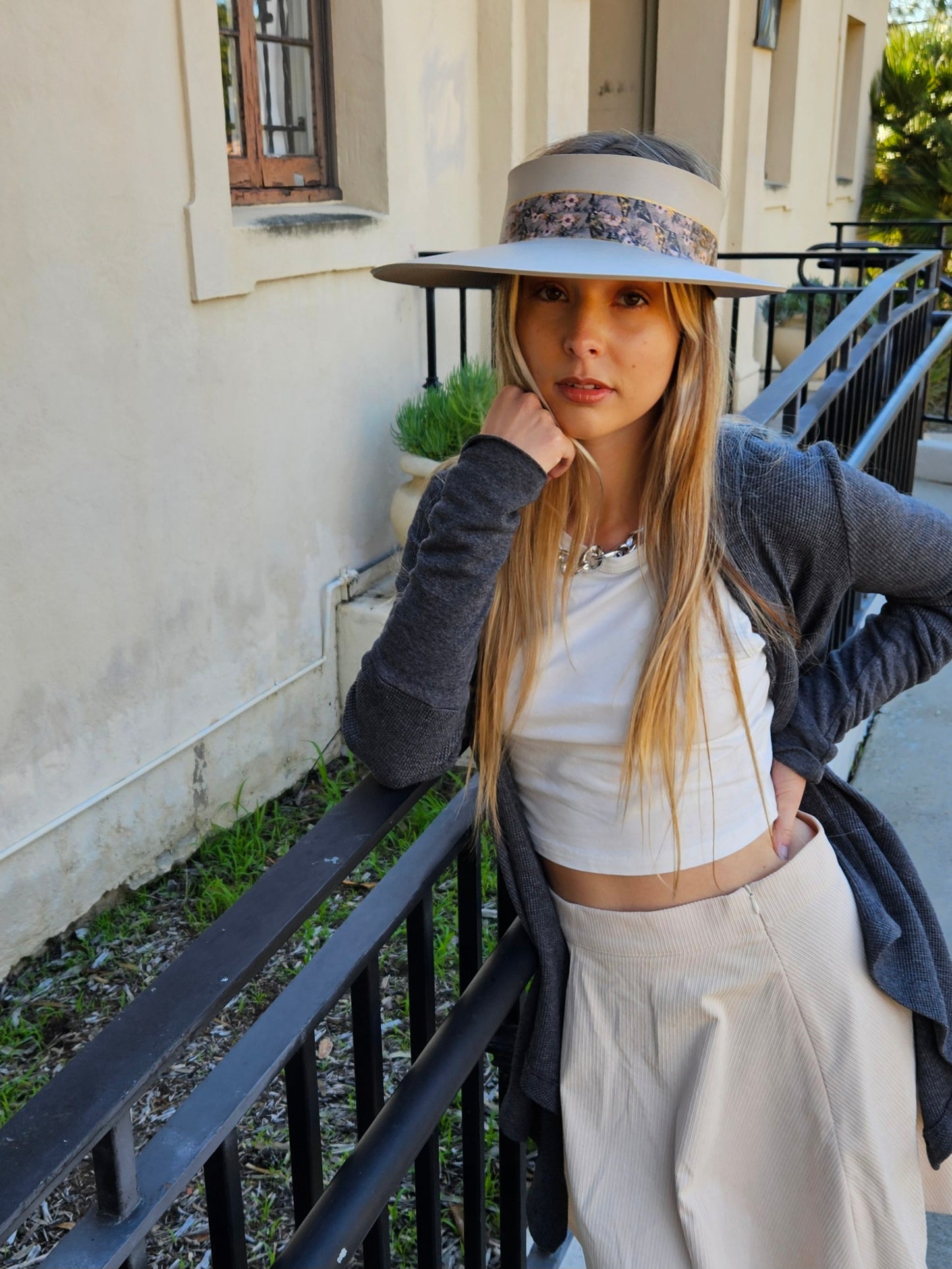 Taupe "LadyEVA" Visor Hat with Elegant Light Pink and Lavender Floral Band