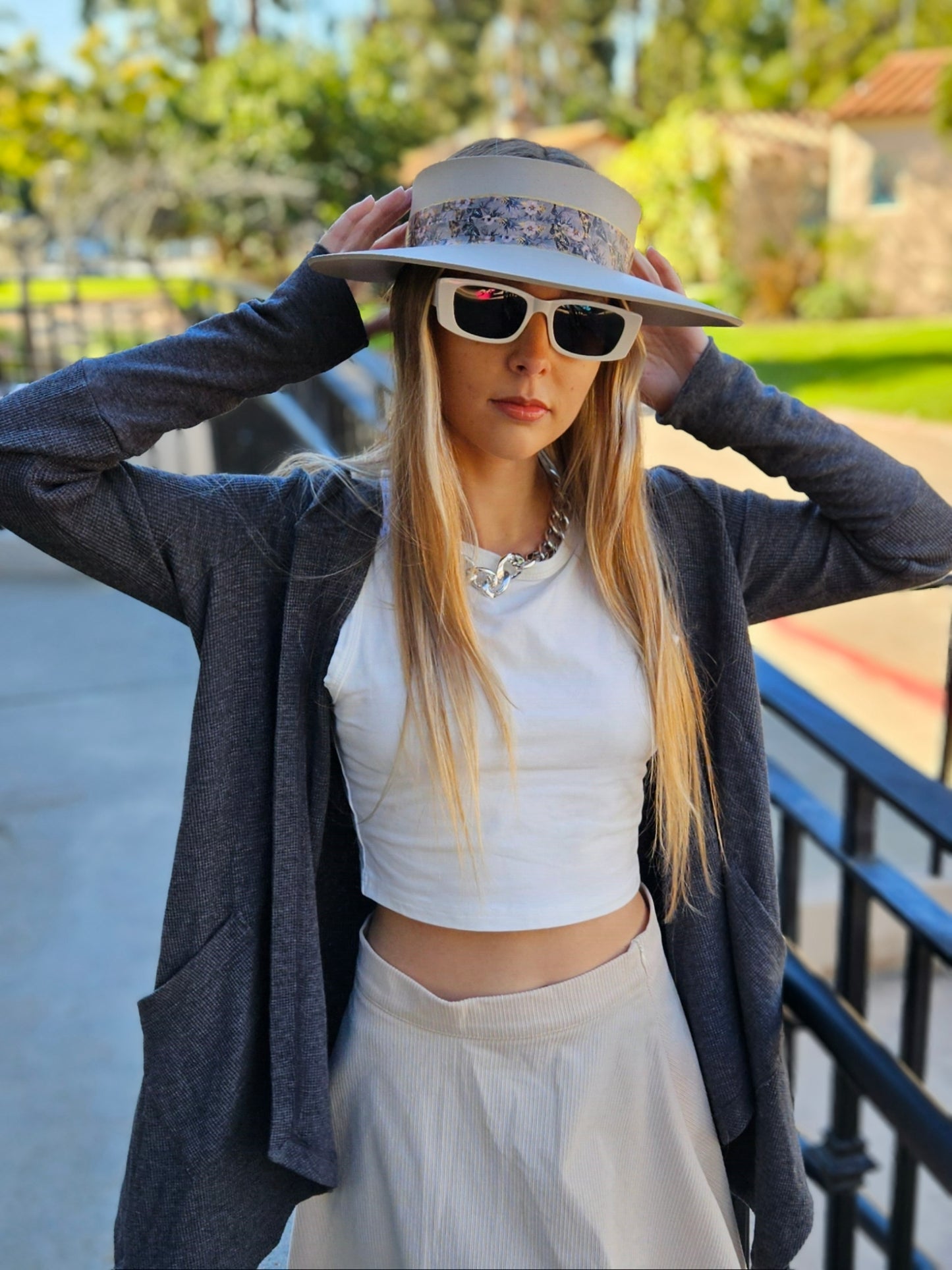 Taupe "LadyEVA" Visor Hat with Elegant Light Pink and Lavender Floral Band
