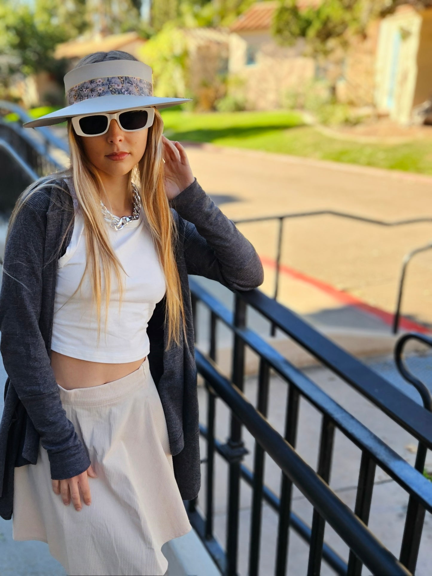 Taupe "LadyEVA" Visor Hat with Elegant Light Pink and Lavender Floral Band