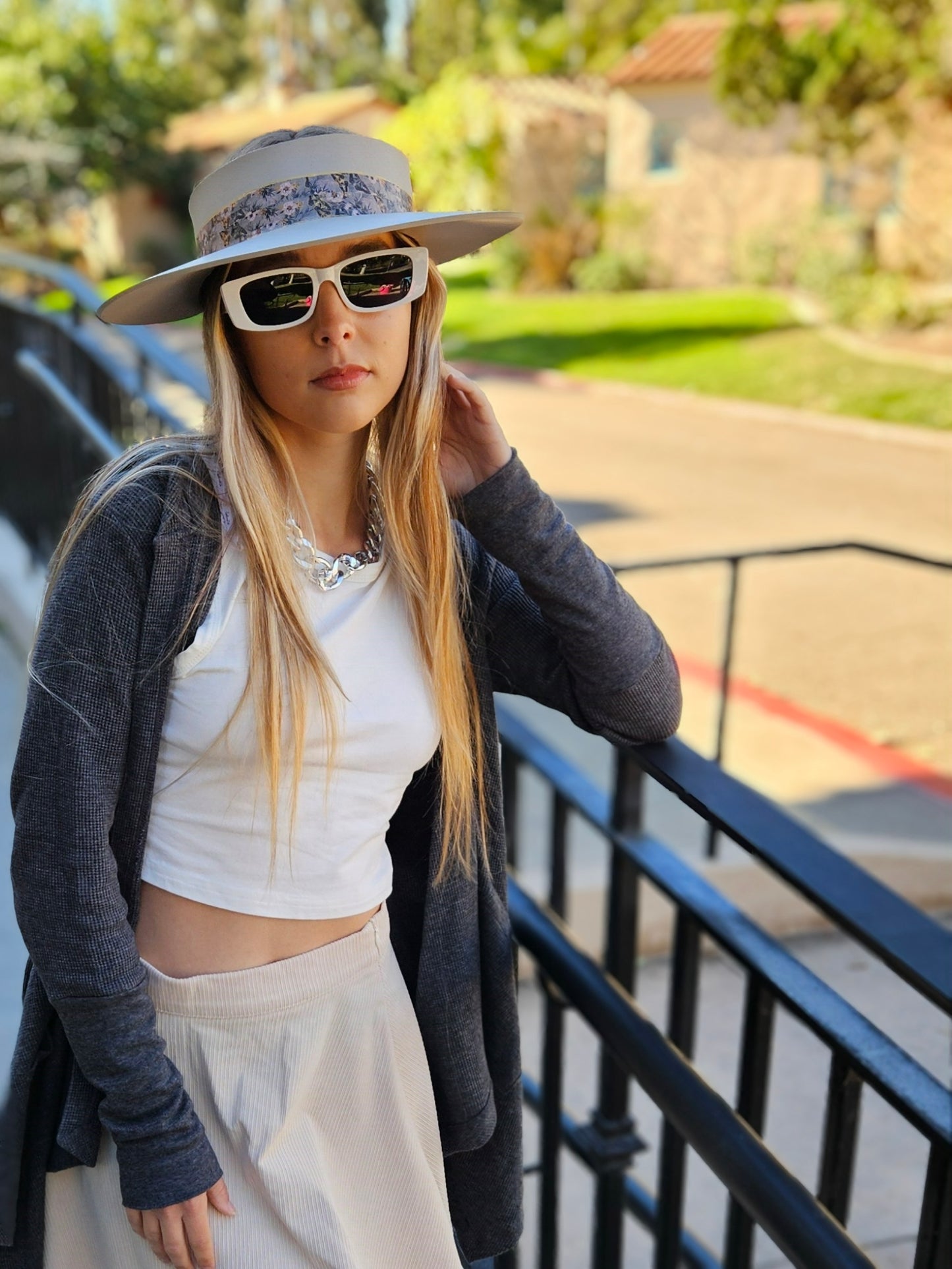 Taupe "LadyEVA" Visor Hat with Elegant Light Pink and Lavender Floral Band