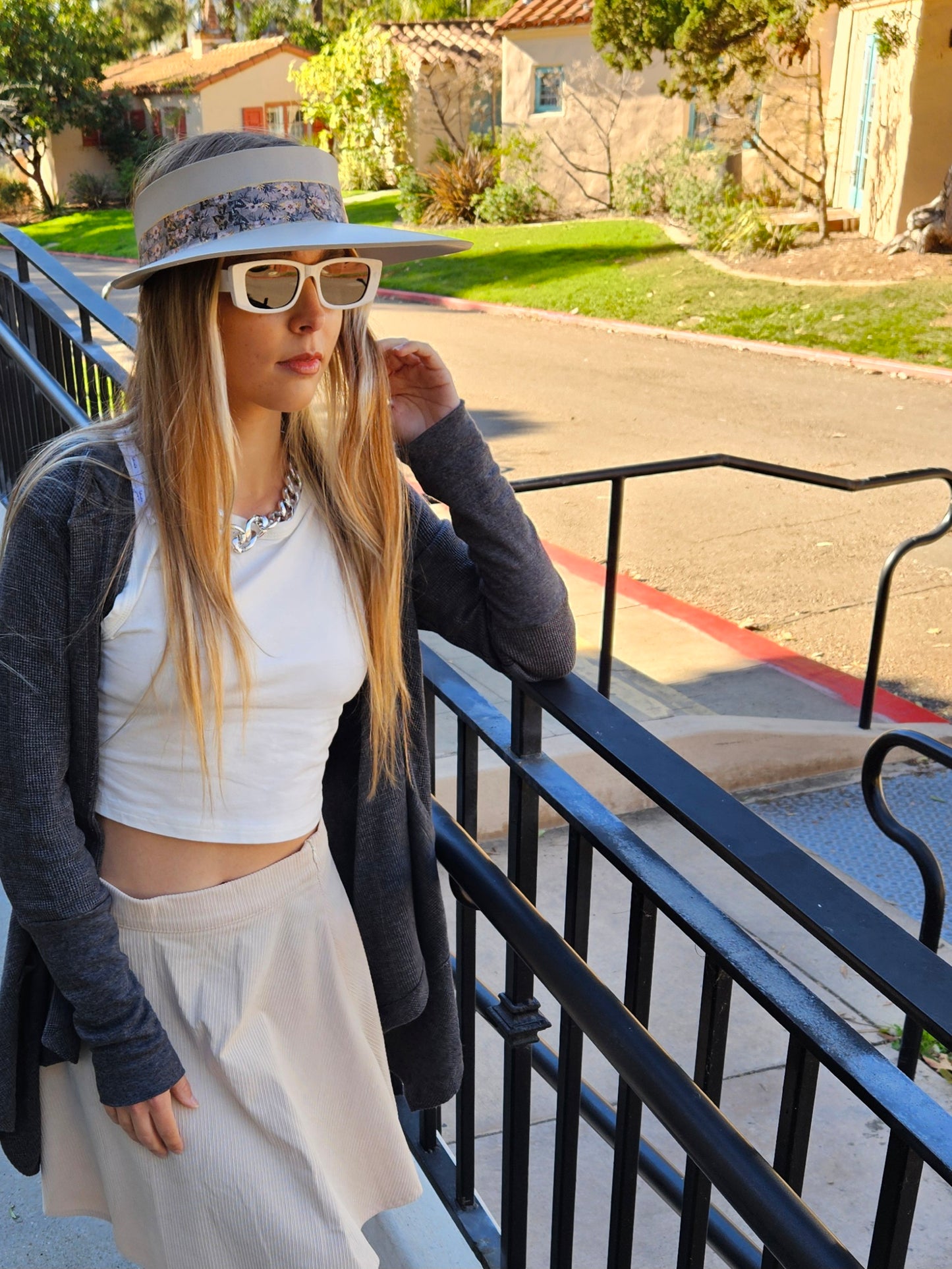 Taupe "LadyEVA" Visor Hat with Elegant Light Pink and Lavender Floral Band
