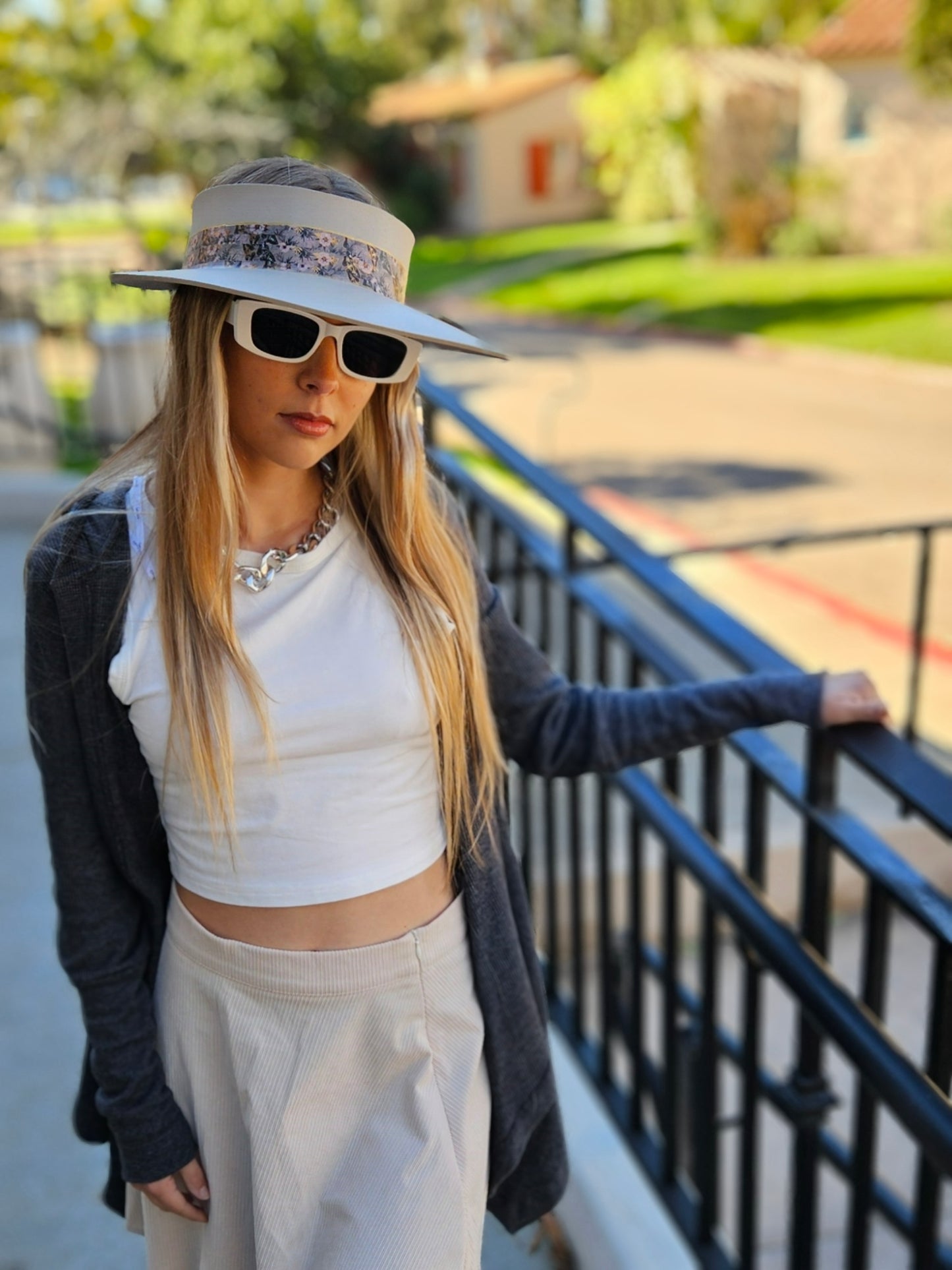 Taupe "LadyEVA" Visor Hat with Elegant Light Pink and Lavender Floral Band