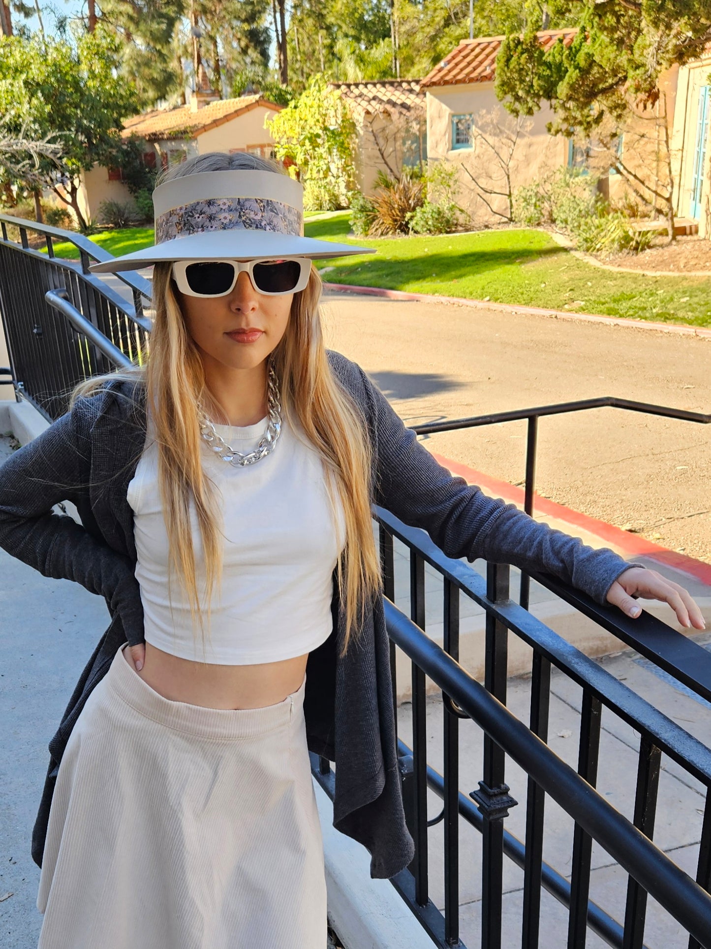 Taupe "LadyEVA" Visor Hat with Elegant Light Pink and Lavender Floral Band