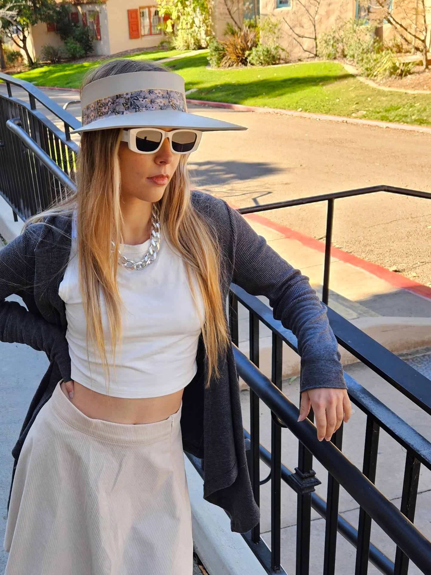 Taupe "LadyEVA" Visor Hat with Elegant Light Pink and Lavender Floral Band