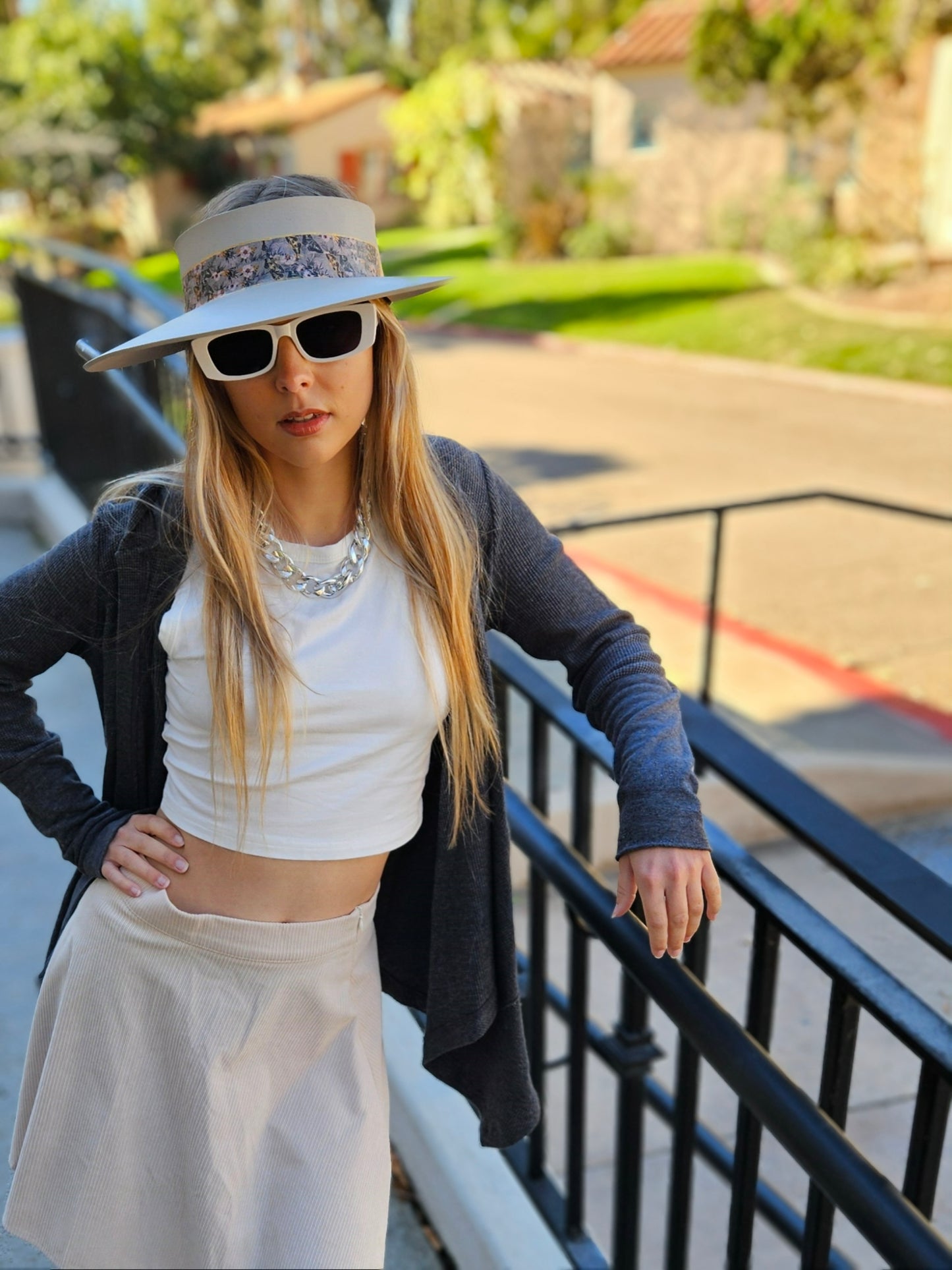 Taupe "LadyEVA" Visor Hat with Elegant Light Pink and Lavender Floral Band
