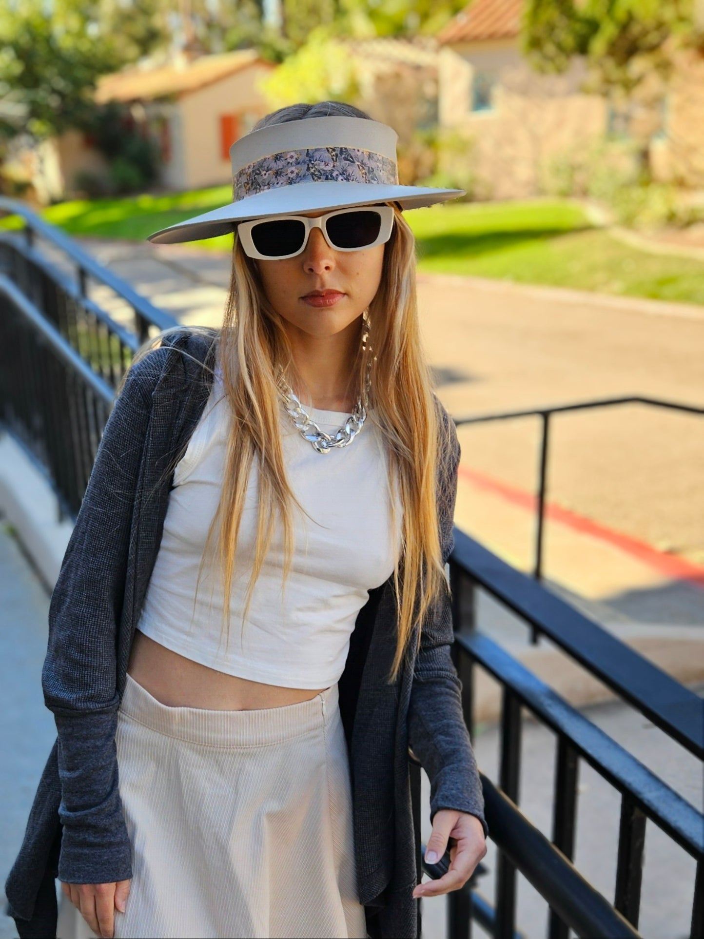 Taupe "LadyEVA" Visor Hat with Elegant Light Pink and Lavender Floral Band