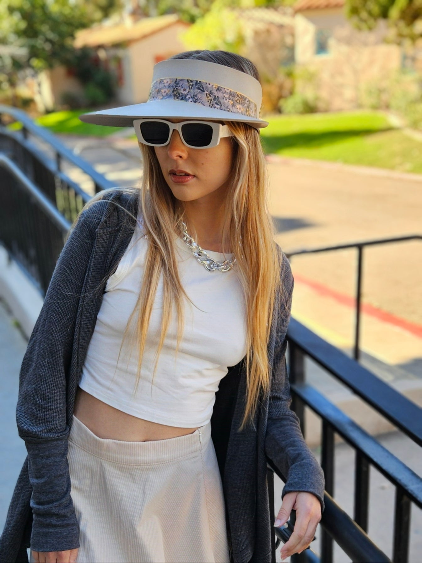 Taupe "LadyEVA" Visor Hat with Elegant Light Pink and Lavender Floral Band