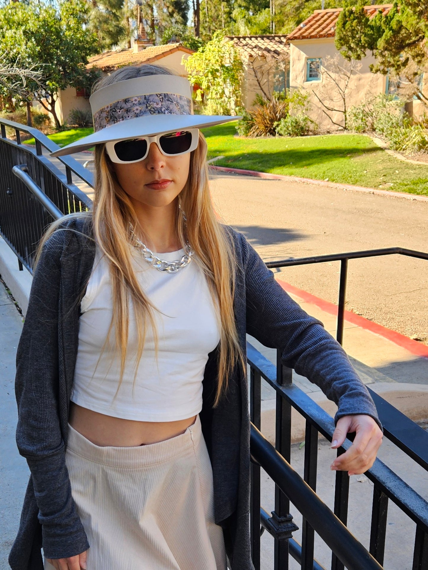 Taupe "LadyEVA" Visor Hat with Elegant Light Pink and Lavender Floral Band